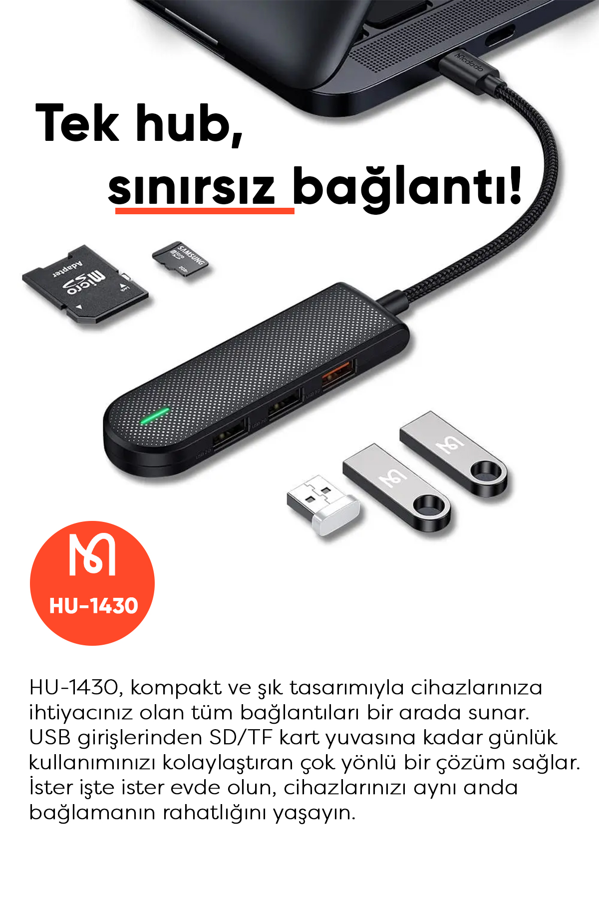 HU-1430 5 in 1 Type-C Çoklayıcı (USB3.0x1+USB2.0x2+SD/TF Card Slotx1)- Gri Afişi