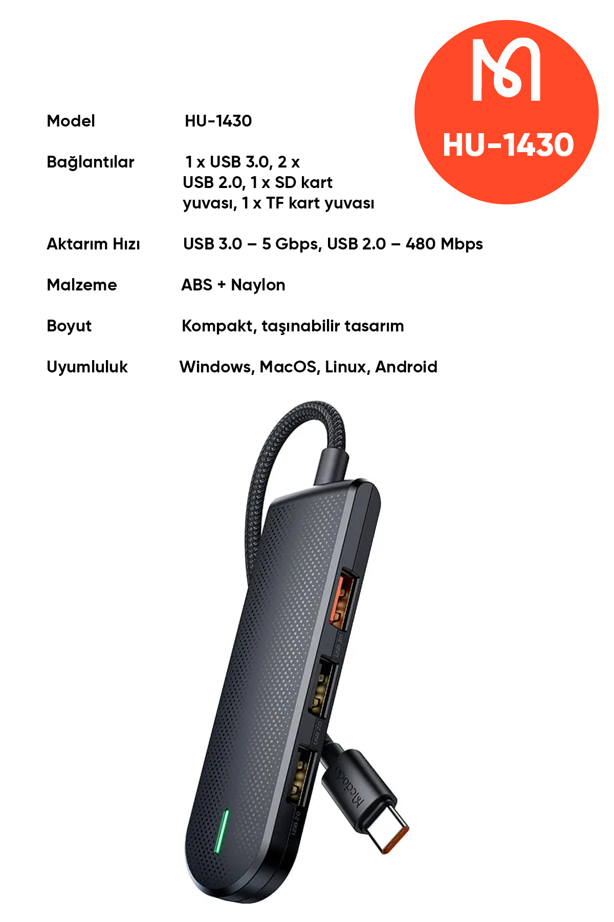 HU-1430 5 in 1 Type-C Çoklayıcı (USB3.0x1+USB2.0x2+SD/TF Card Slotx1)- Gri Afişi
