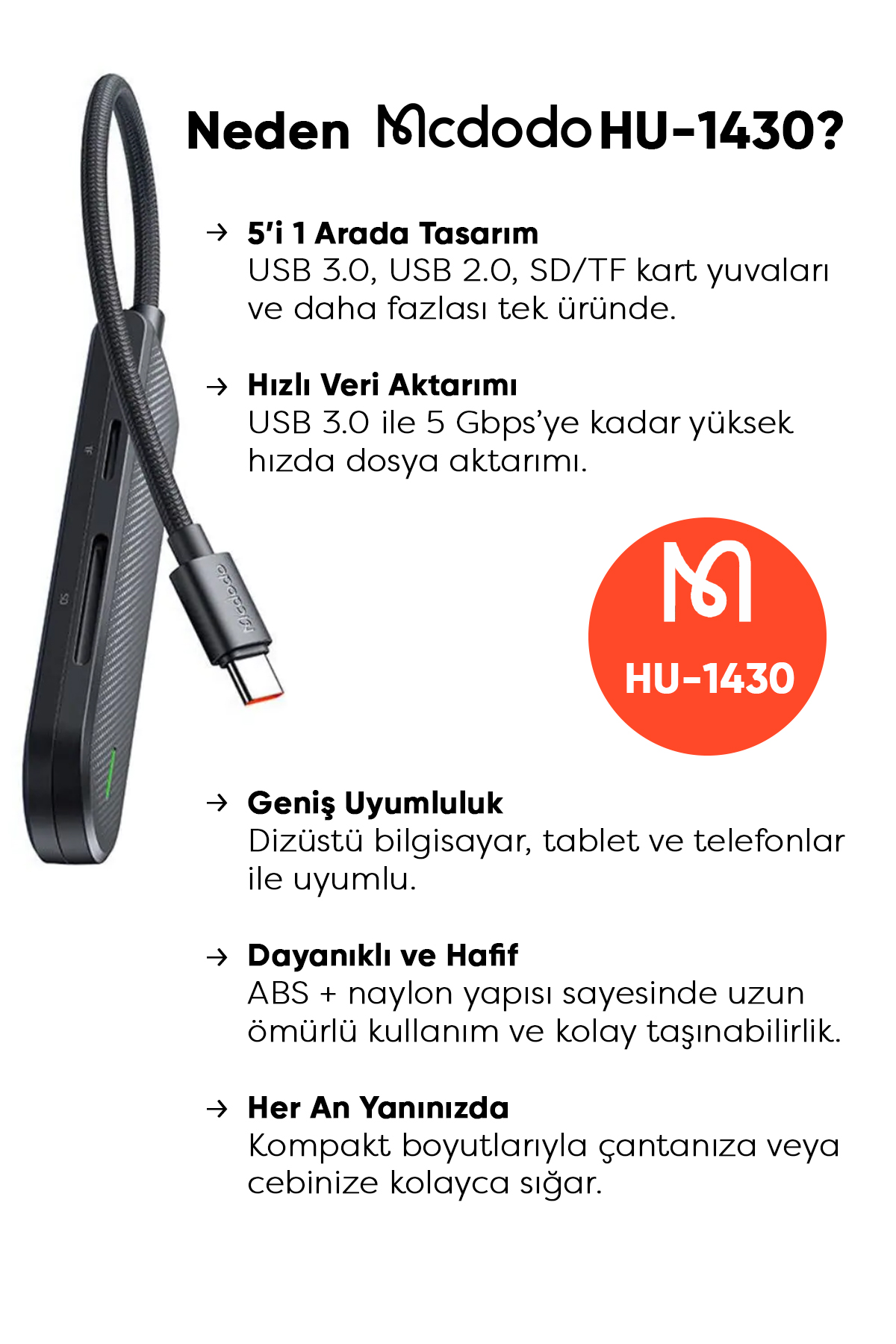 HU-1430 5 in 1 Type-C Çoklayıcı (USB3.0x1+USB2.0x2+SD/TF Card Slotx1)- Gri Afişi