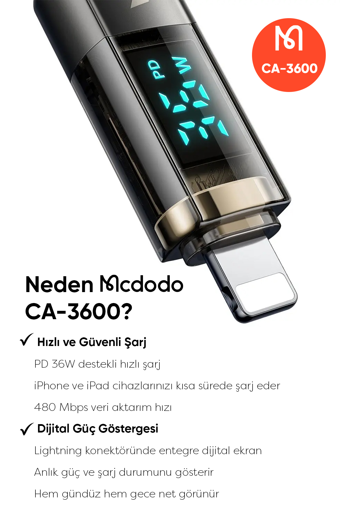 CA-3600 Type-C To Lightning Dijital Ekranlı iPhone Şarj & Data Kablosu - Siyah 1.2M Afişi