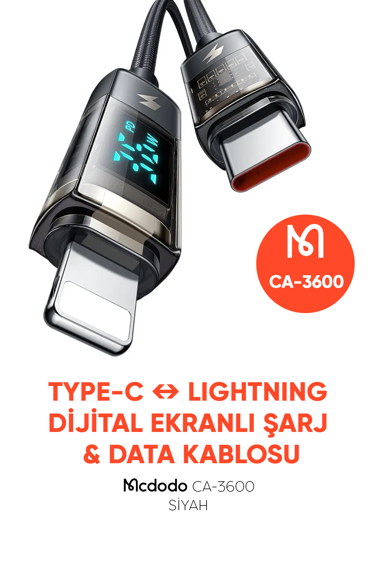 CA-3600 Type-C To Lightning Dijital Ekranlı iPhone Şarj & Data Kablosu - Siyah 1.2M Afişi