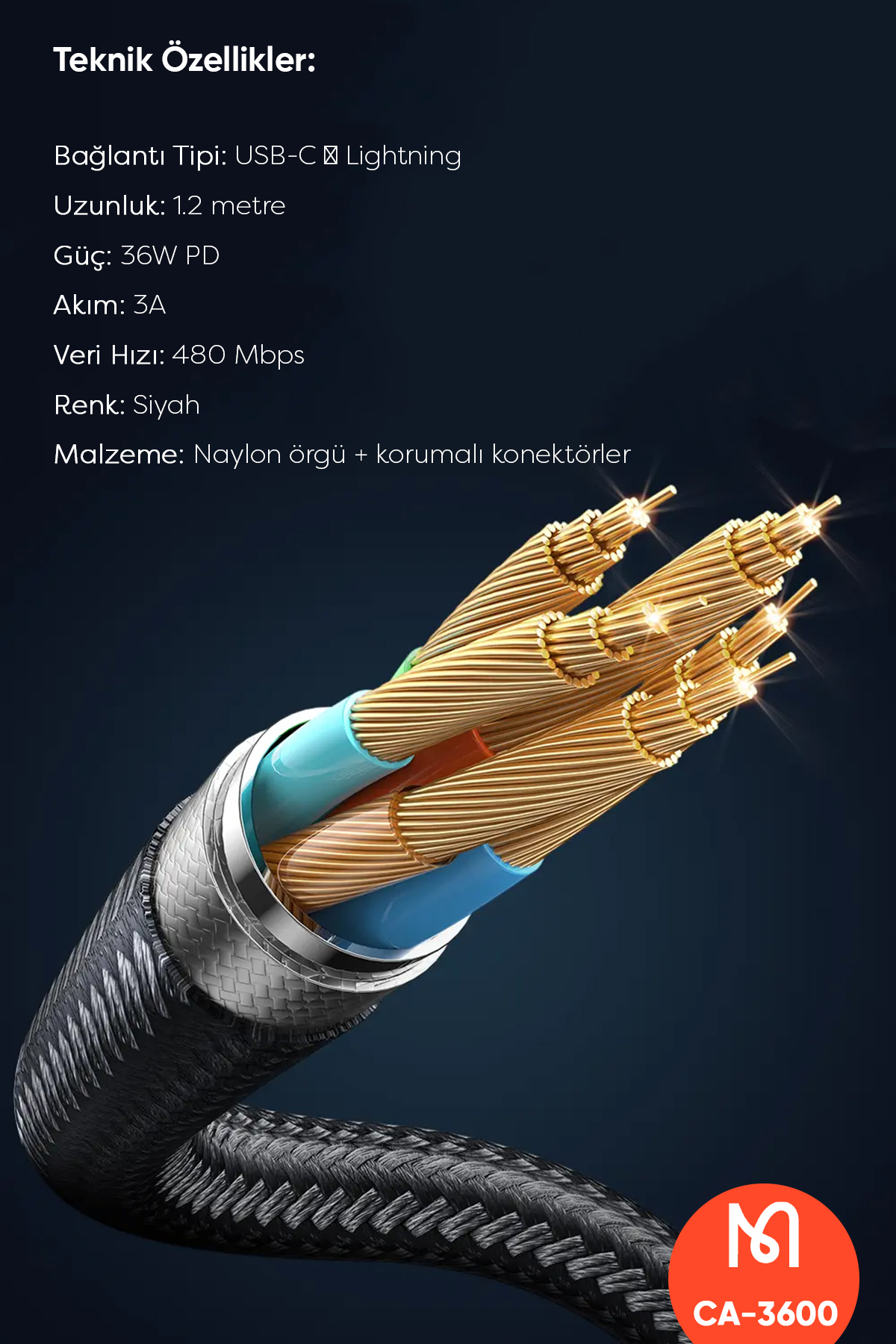 CA-3600 Type-C To Lightning Dijital Ekranlı iPhone Şarj & Data Kablosu - Siyah 1.2M Afişi