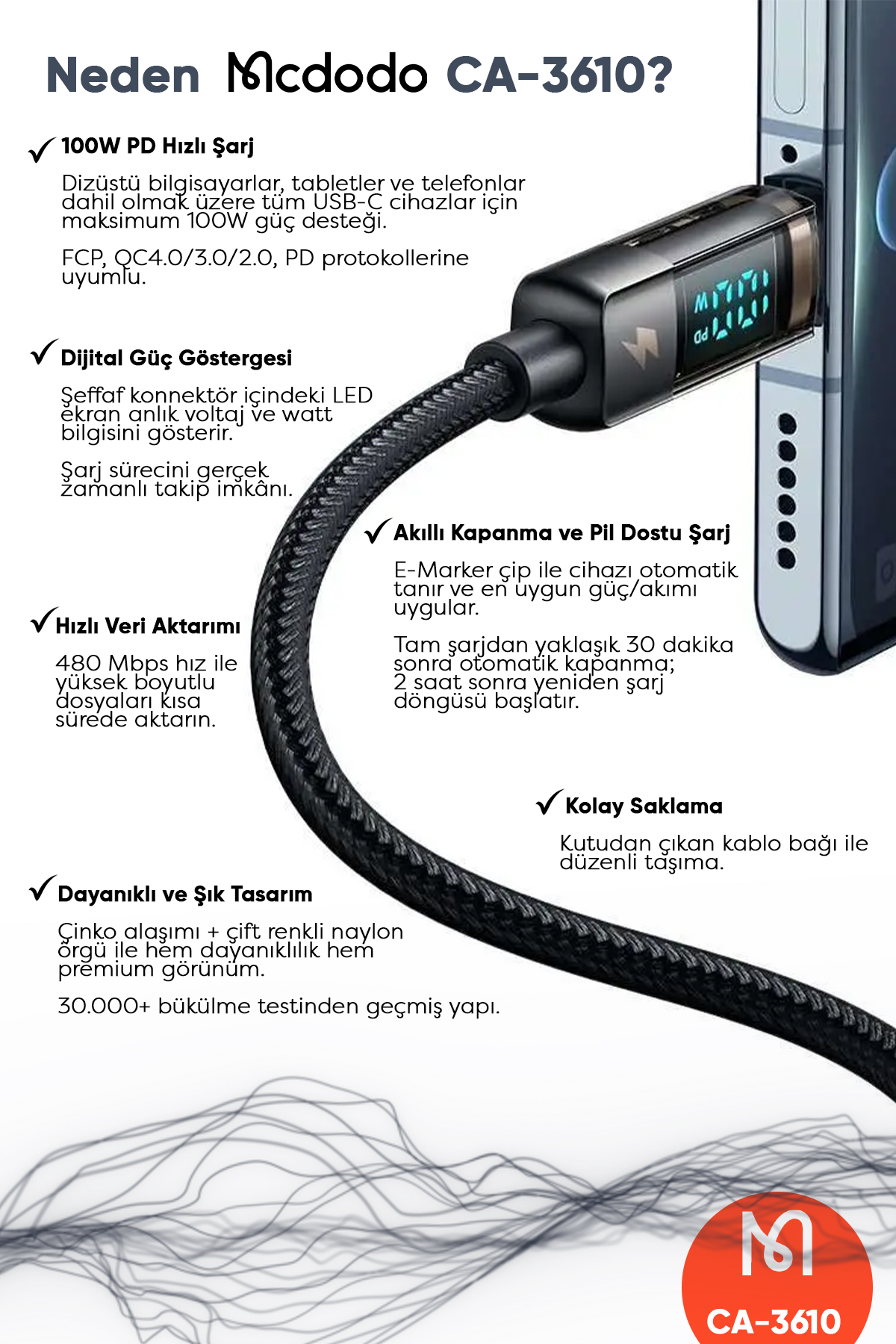 CA-3610 Type-C to Type-C Dijital Ekranlı Power Off Hızlı Şarj & Data Kablosu - Siyah 1.2M Afişi