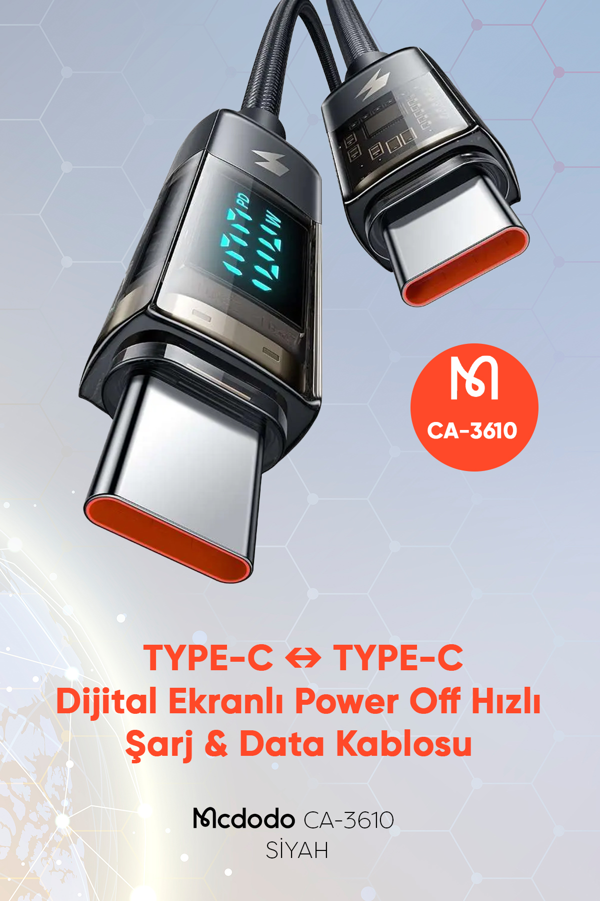 CA-3610 Type-C to Type-C Dijital Ekranlı Power Off Hızlı Şarj & Data Kablosu - Siyah 1.2M Afişi