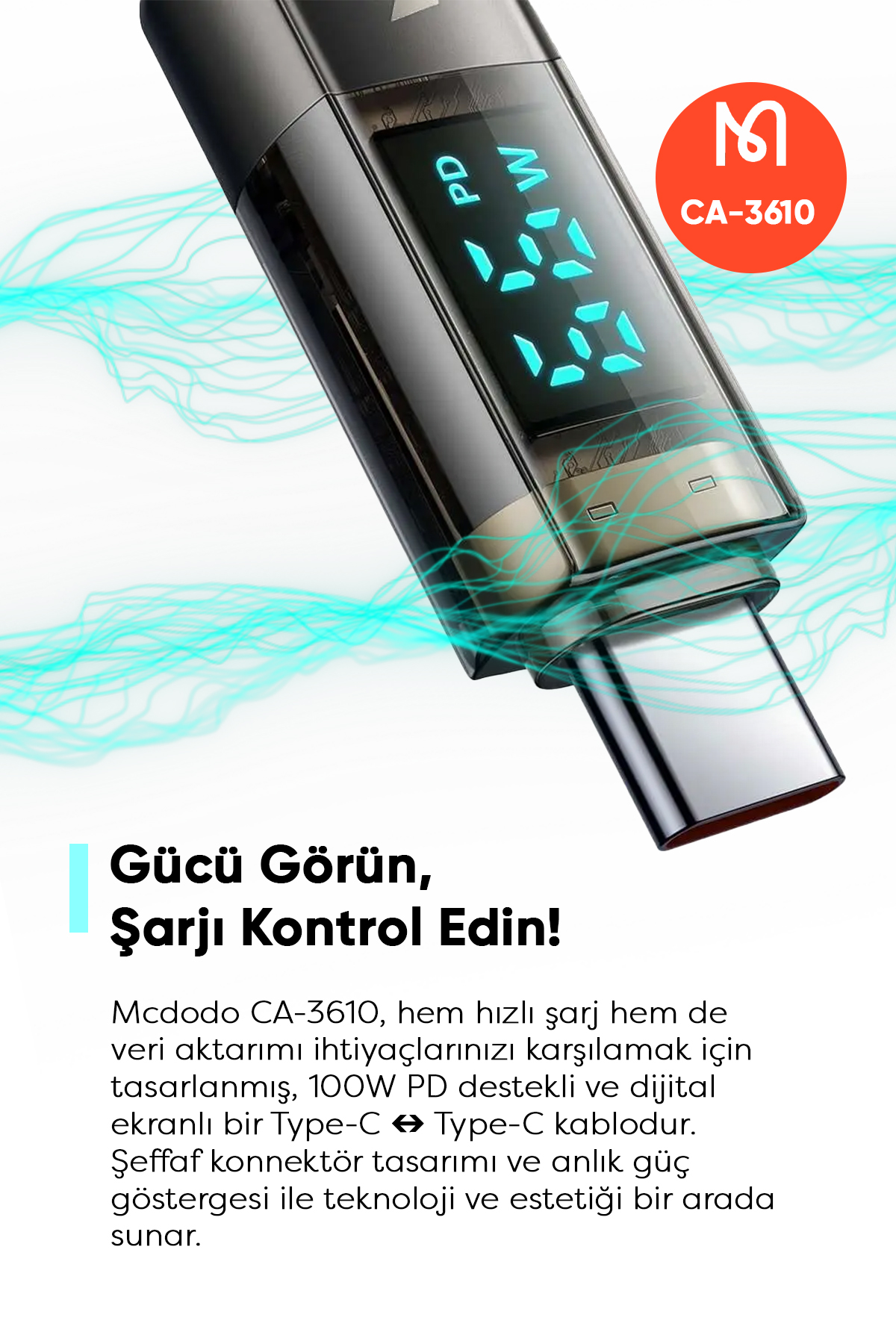 CA-3610 Type-C to Type-C Dijital Ekranlı Power Off Hızlı Şarj & Data Kablosu - Siyah 1.2M Afişi