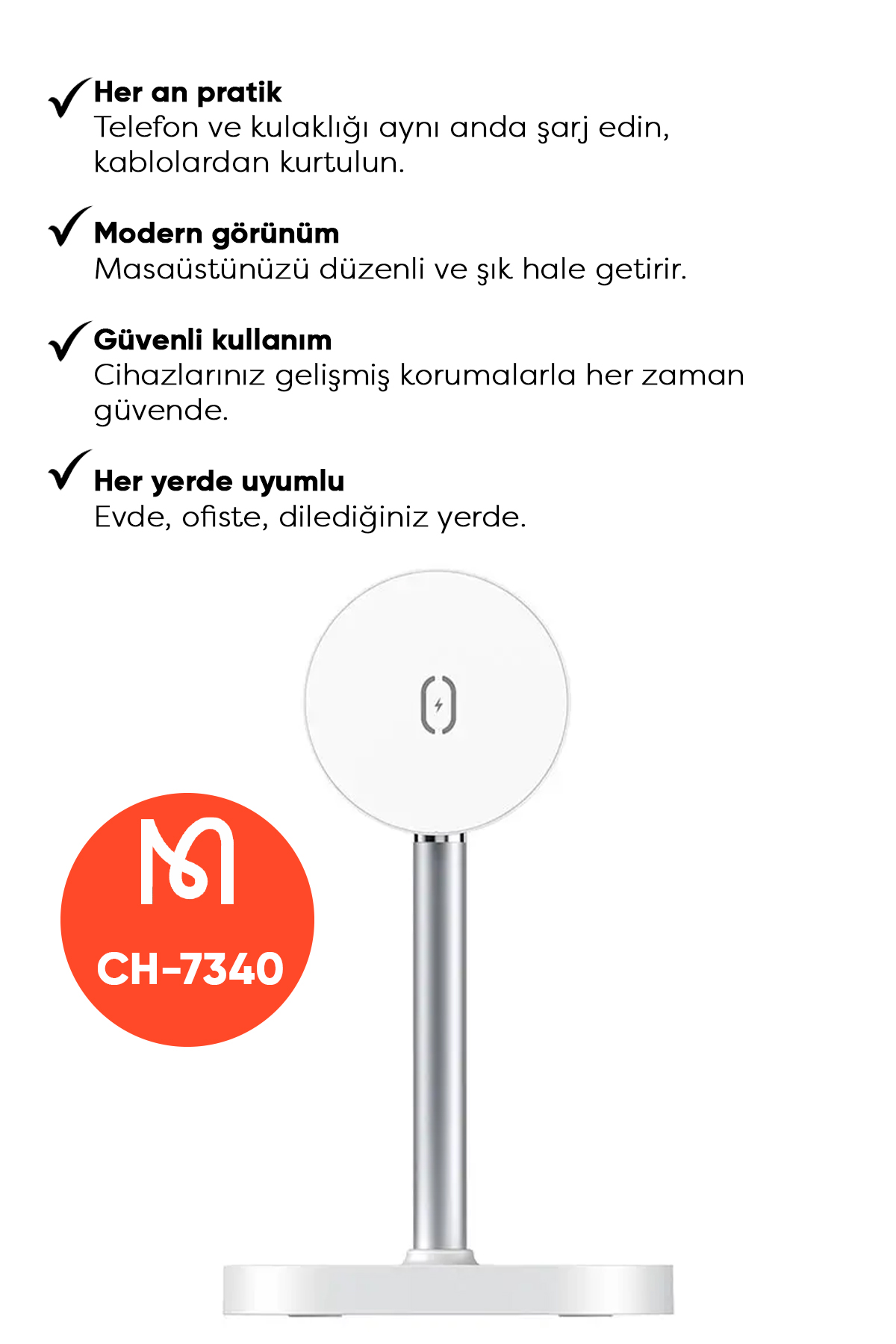 CH-7340 Tws Kulaklık Wireles Şarj+Magsafe Manyetik Tutuculu Wireless Şarj Standı - Beyaz Afişi