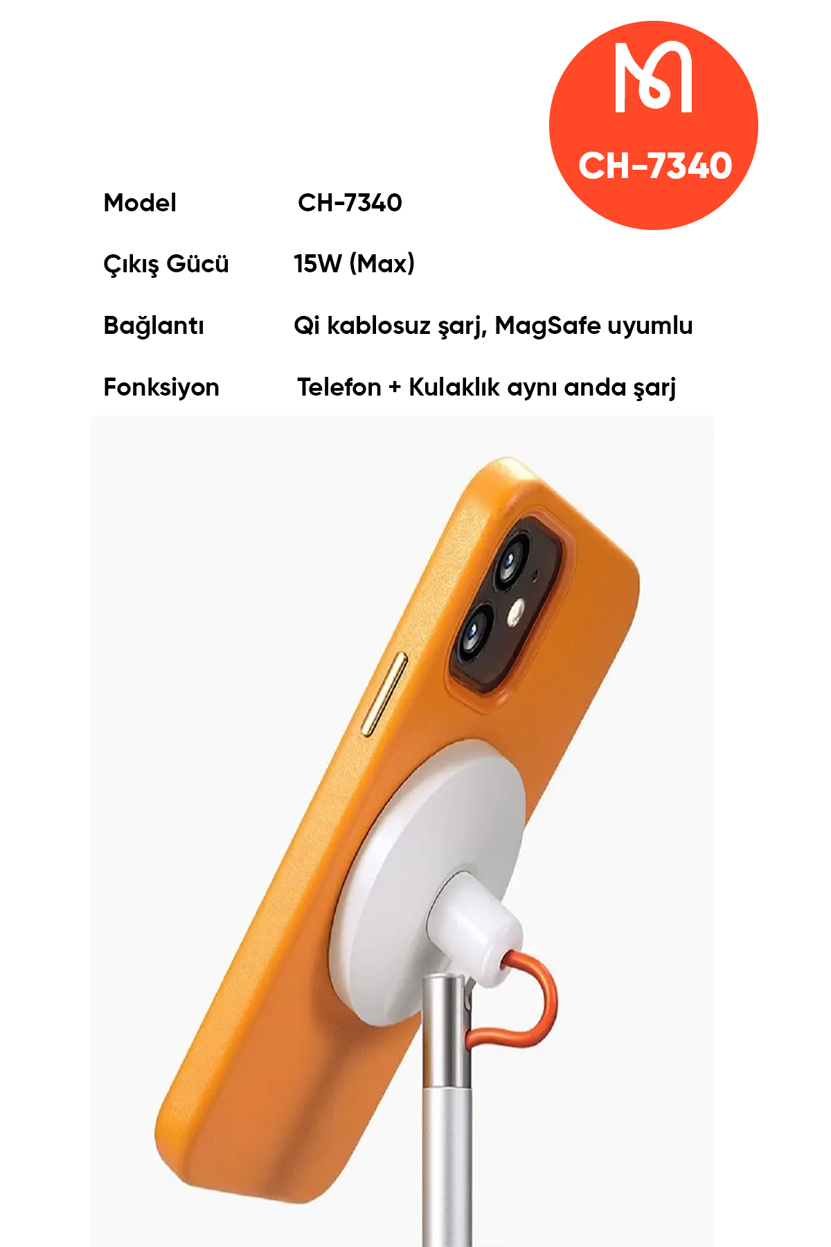 CH-7340 Tws Kulaklık Wireles Şarj+Magsafe Manyetik Tutuculu Wireless Şarj Standı - Beyaz Afişi