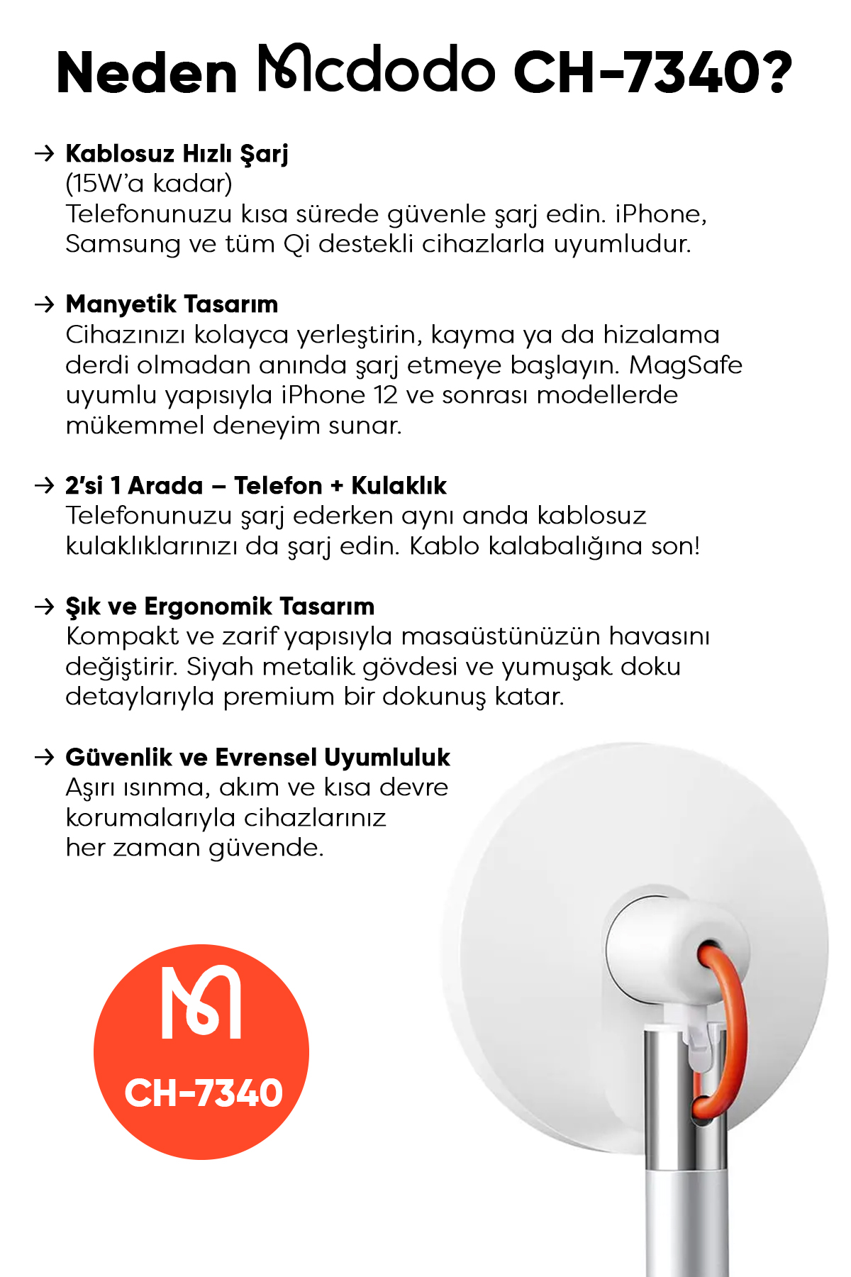 CH-7340 Tws Kulaklık Wireles Şarj+Magsafe Manyetik Tutuculu Wireless Şarj Standı - Beyaz Afişi