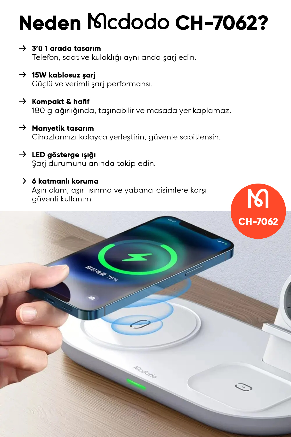 CH-7062 15W Çoklu Magsafe Tws Kulaklık, Watch Saat ve Telefon Şarj Ünitesi - Beyaz Afişi