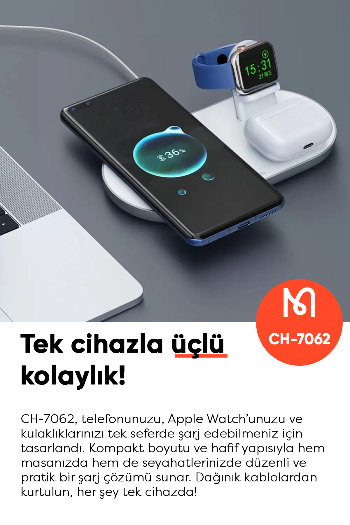 CH-7062 15W Çoklu Magsafe Tws Kulaklık, Watch Saat ve Telefon Şarj Ünitesi - Beyaz Afişi