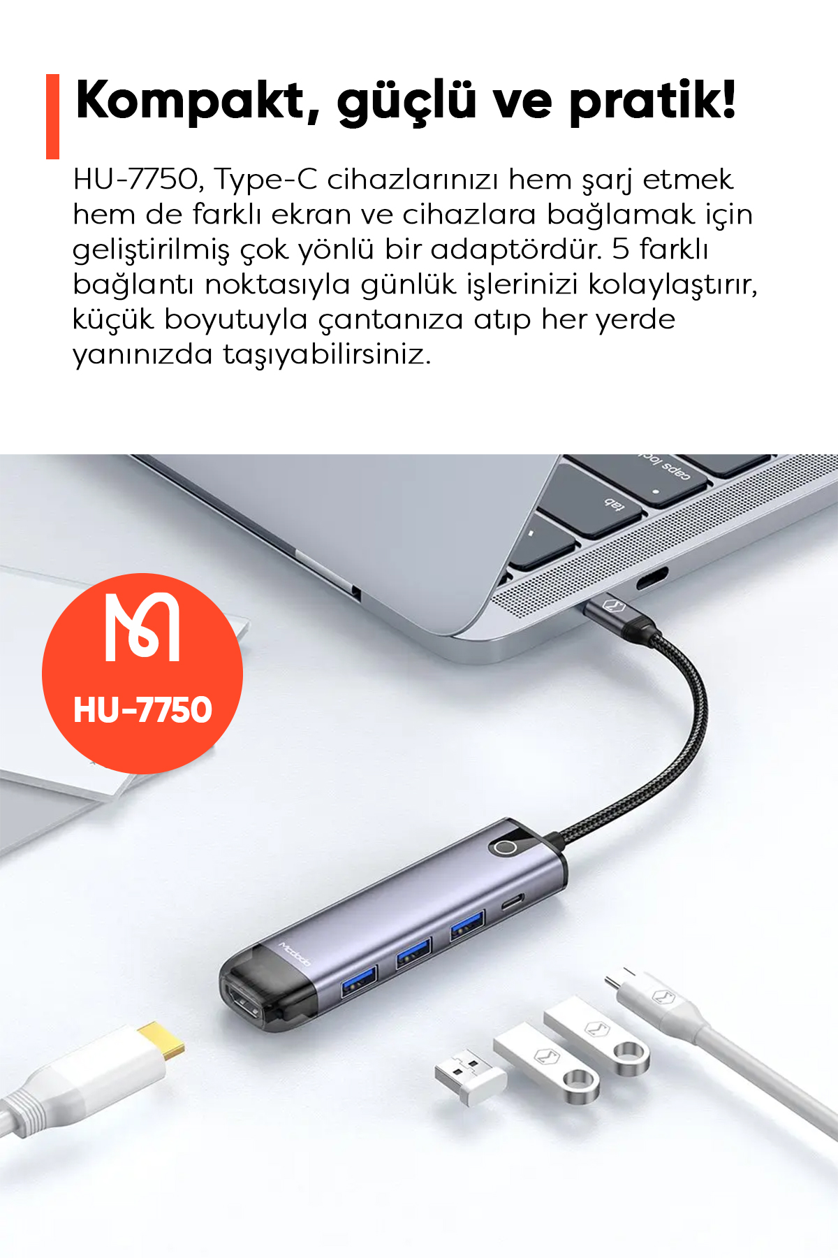 HU-7750 Type-C To 3xUsb 1xType-C 1xHDMI Girişli Çoklayıcı Adaptör-Gri Afişi