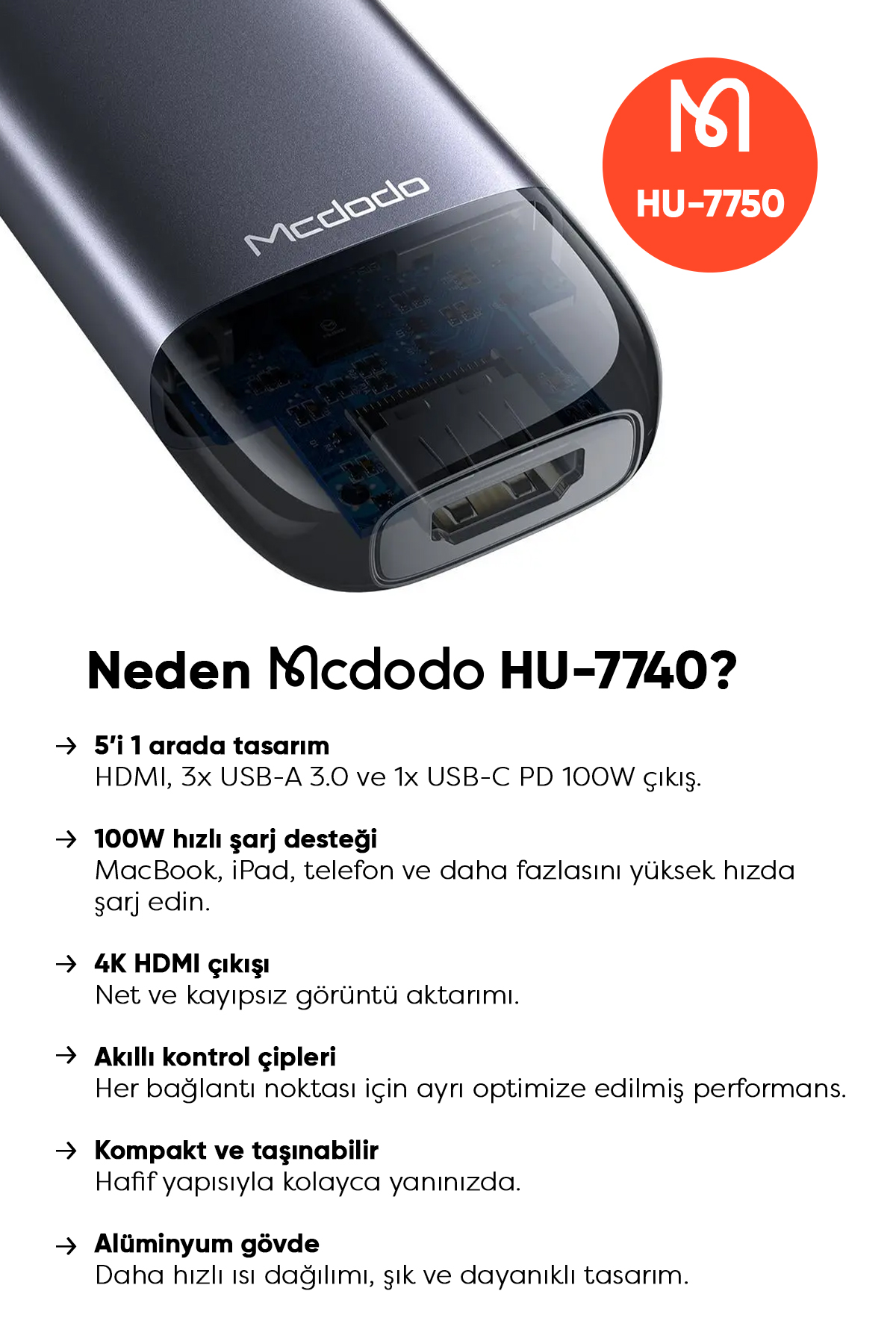 HU-7750 Type-C To 3xUsb 1xType-C 1xHDMI Girişli Çoklayıcı Adaptör-Gri Afişi