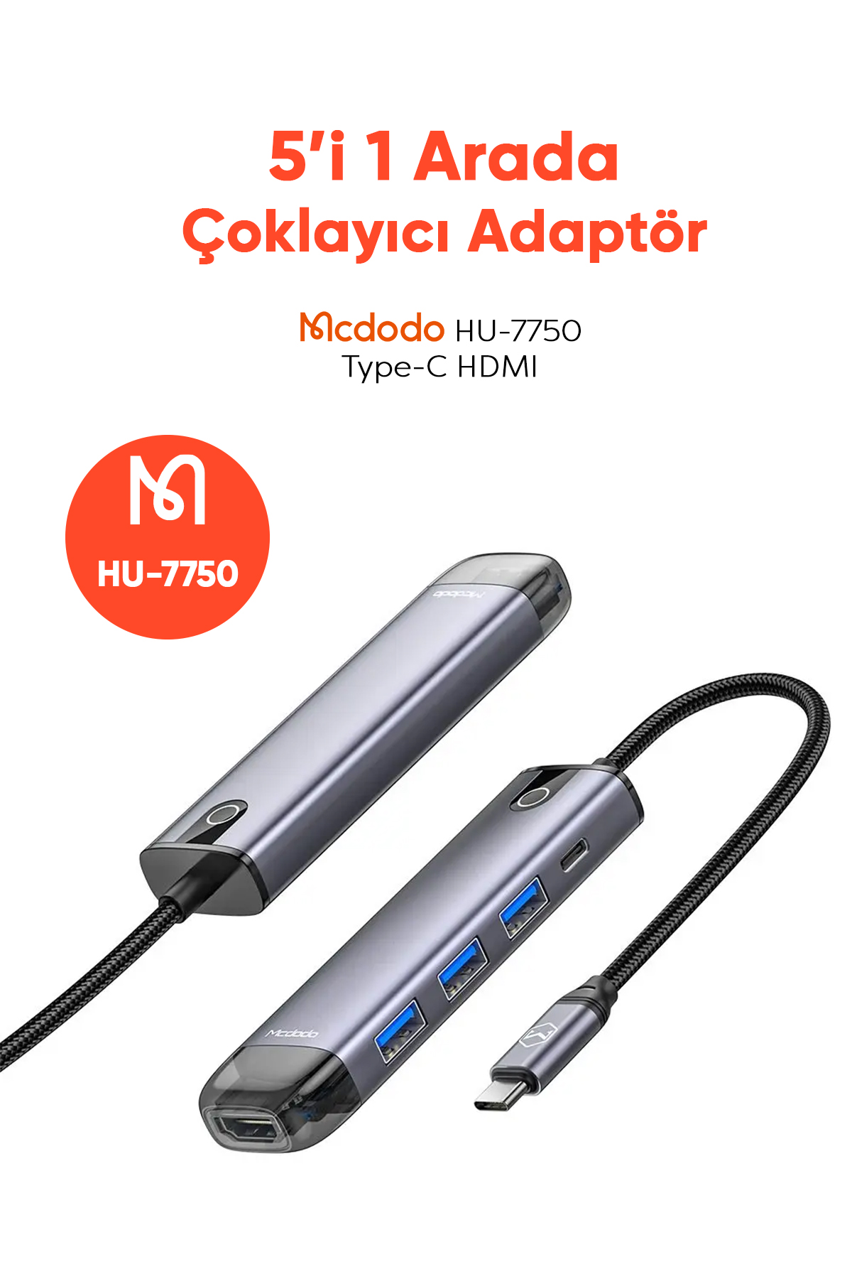 HU-7750 Type-C To 3xUsb 1xType-C 1xHDMI Girişli Çoklayıcı Adaptör-Gri Afişi