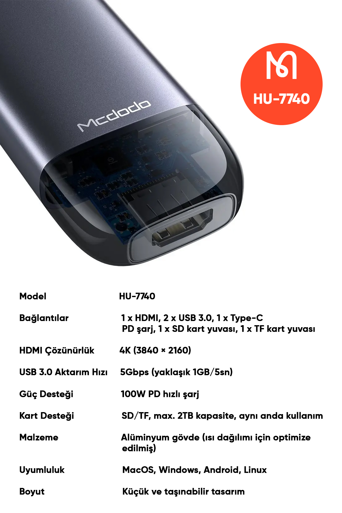 HU-7740 Type-C HDMI+USB 3.0 PD Macbook Çoklayıcı Adaptör-Gri Afişi