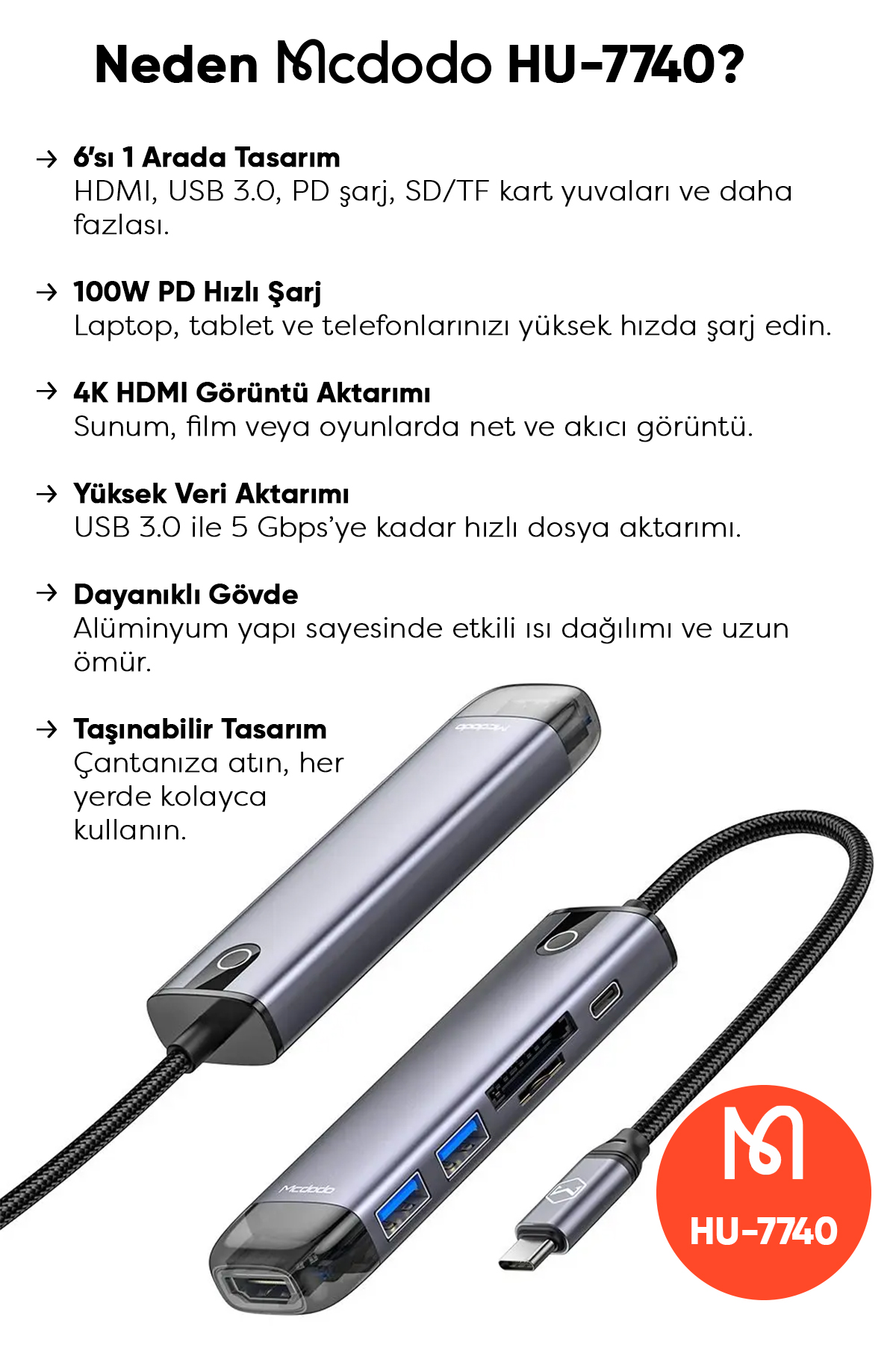 HU-7740 Type-C HDMI+USB 3.0 PD Macbook Çoklayıcı Adaptör-Gri Afişi