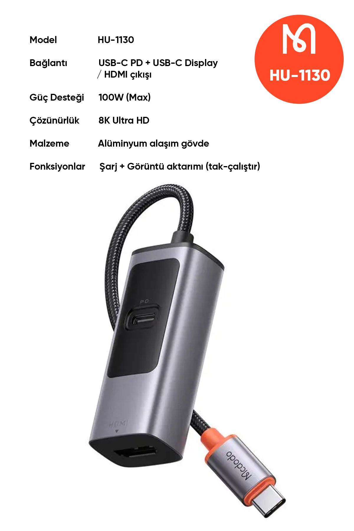 HU-1130 Type-C + 8K HDMI Type-C Çoklayıcı Adaptör - Gri Afişi