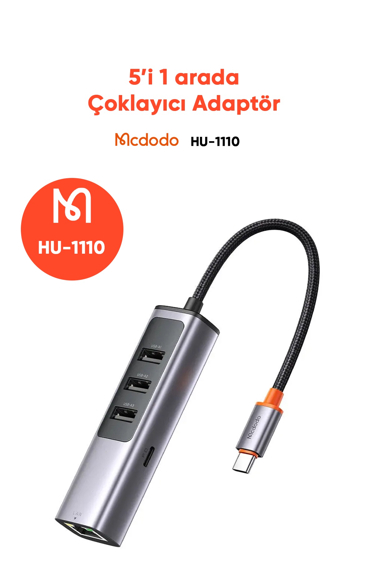 HU-1110 1xType-C + 3xUSB + Lan 5in 1 Çoklayıcı Adaptör - Gri Afişi