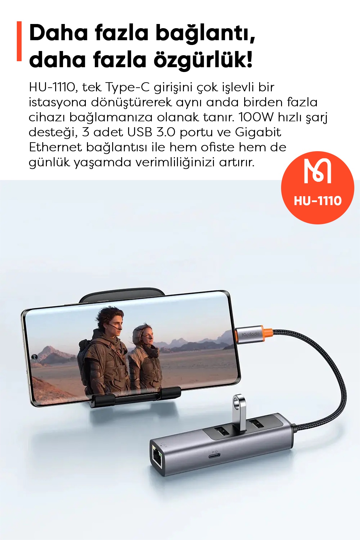 HU-1110 1xType-C + 3xUSB + Lan 5in 1 Çoklayıcı Adaptör - Gri Afişi