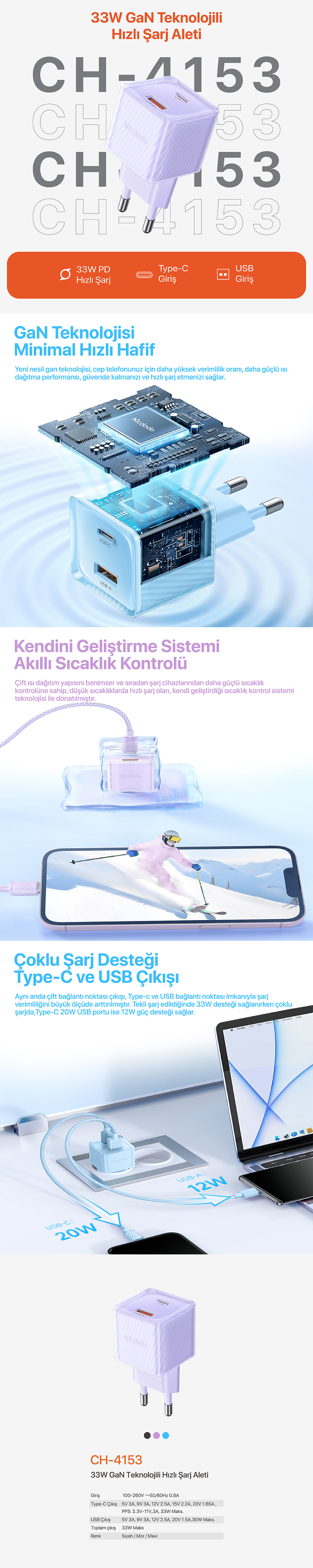 Mcdodo CH-4153 33W GaN PD 1xType-C 1xUSB Girişli Hızlı Şarj Aleti - Mor Afişi