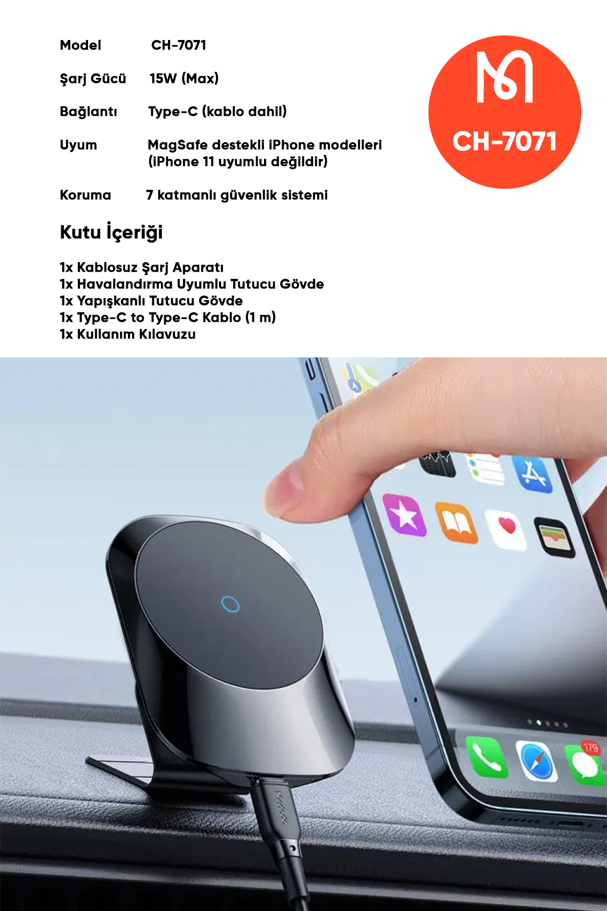 CH-7071 15W  Manyetik Kablosuz Şarjlı Araç İçi Telefon Tutucu -Siyah Afişi