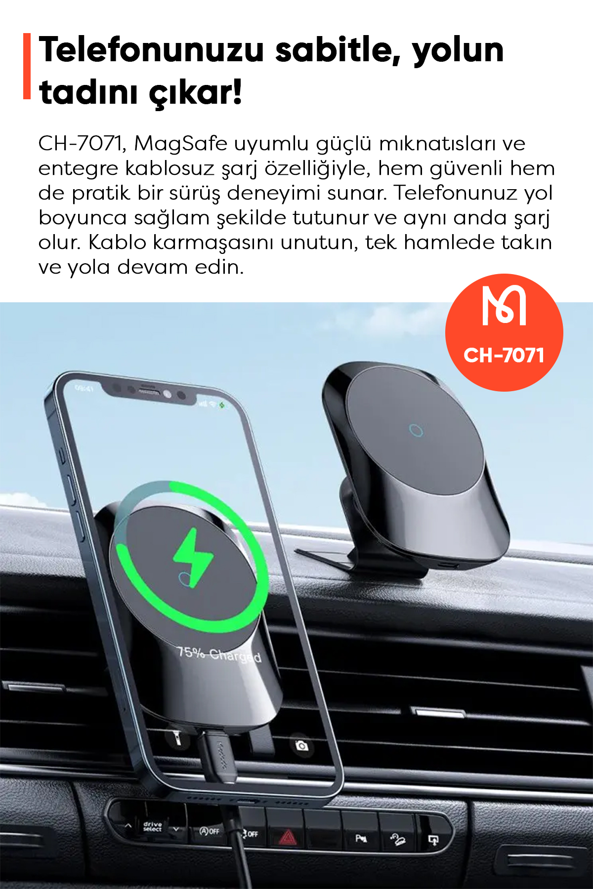 CH-7071 15W  Manyetik Kablosuz Şarjlı Araç İçi Telefon Tutucu -Siyah Afişi