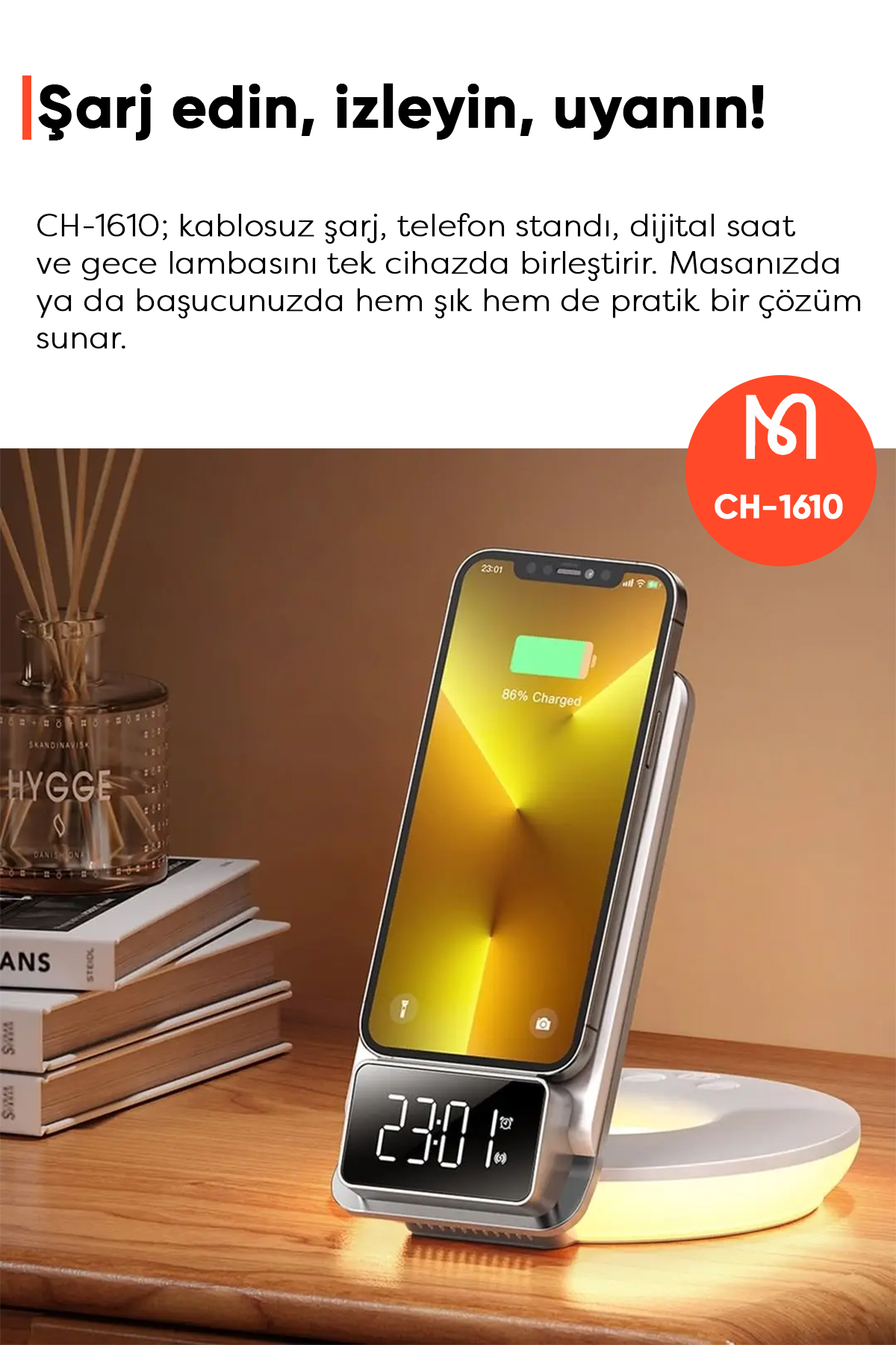 CH-1610 15W 4'ü 1 Arada Çok Fonksiyonlu Masaüstü Kablosuz Şarj Cihazı - Beyaz Afişi