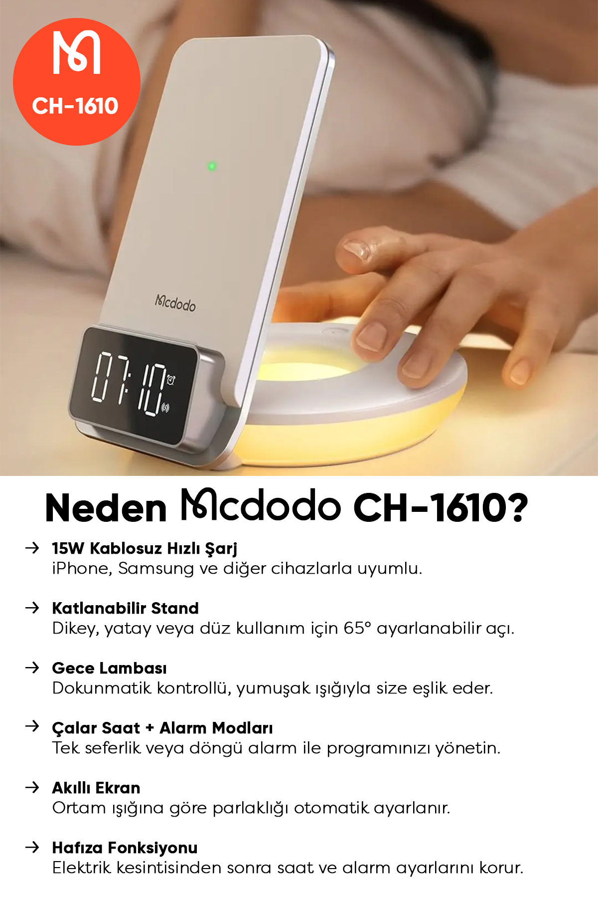 CH-1610 15W 4'ü 1 Arada Çok Fonksiyonlu Masaüstü Kablosuz Şarj Cihazı - Beyaz Afişi