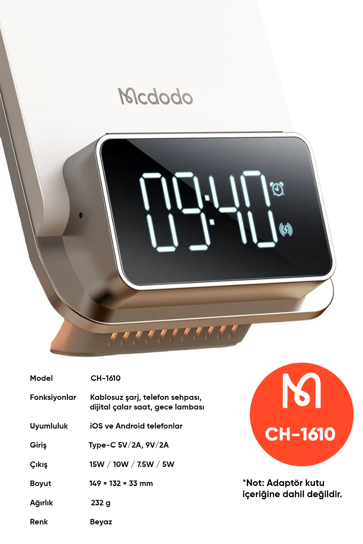 CH-1610 15W 4'ü 1 Arada Çok Fonksiyonlu Masaüstü Kablosuz Şarj Cihazı - Beyaz Afişi