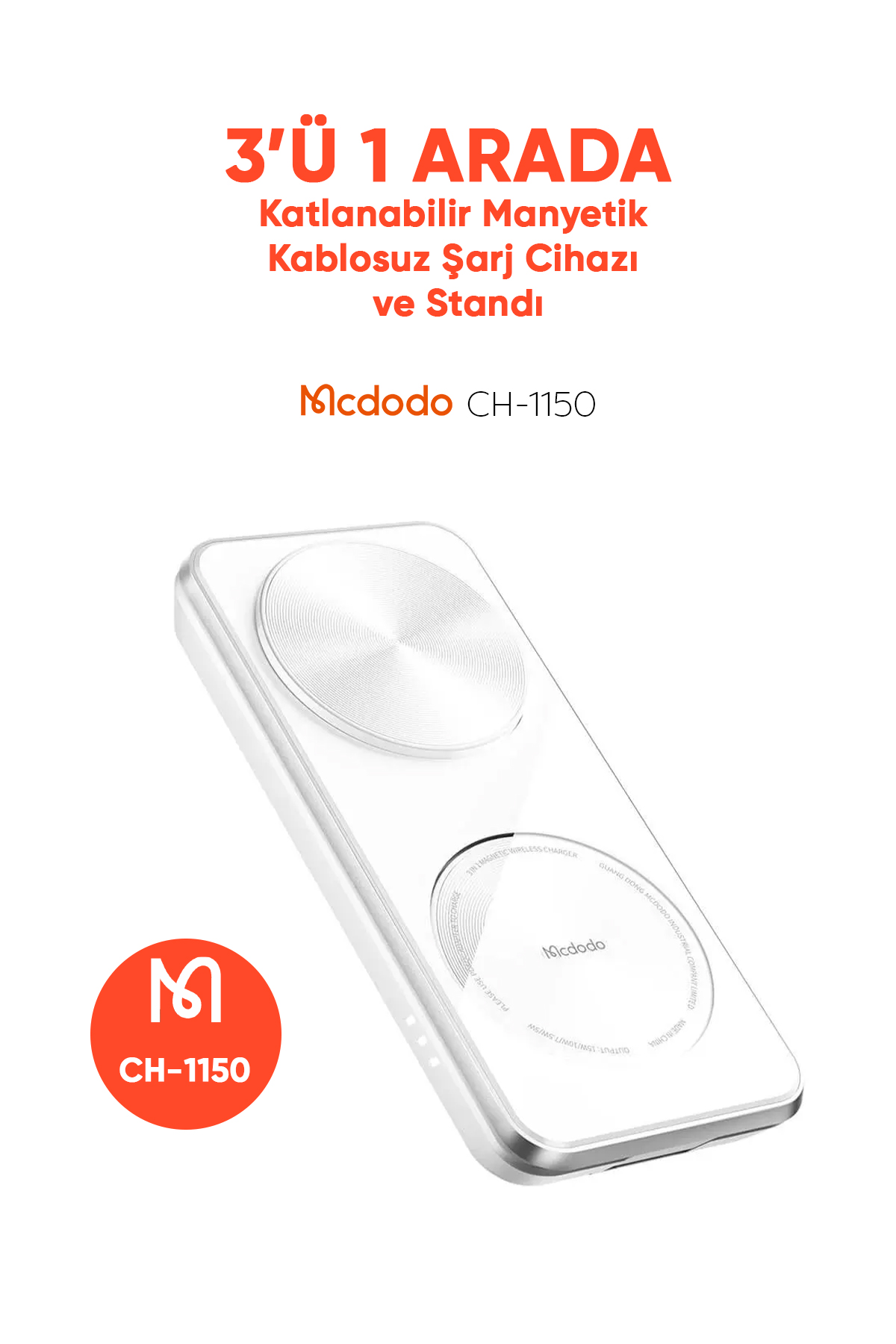 CH-1150 15W 3in1 Katlanabilir Manyetik Kablosuz Şarj Cihazı ve Standı - Beyaz Afişi