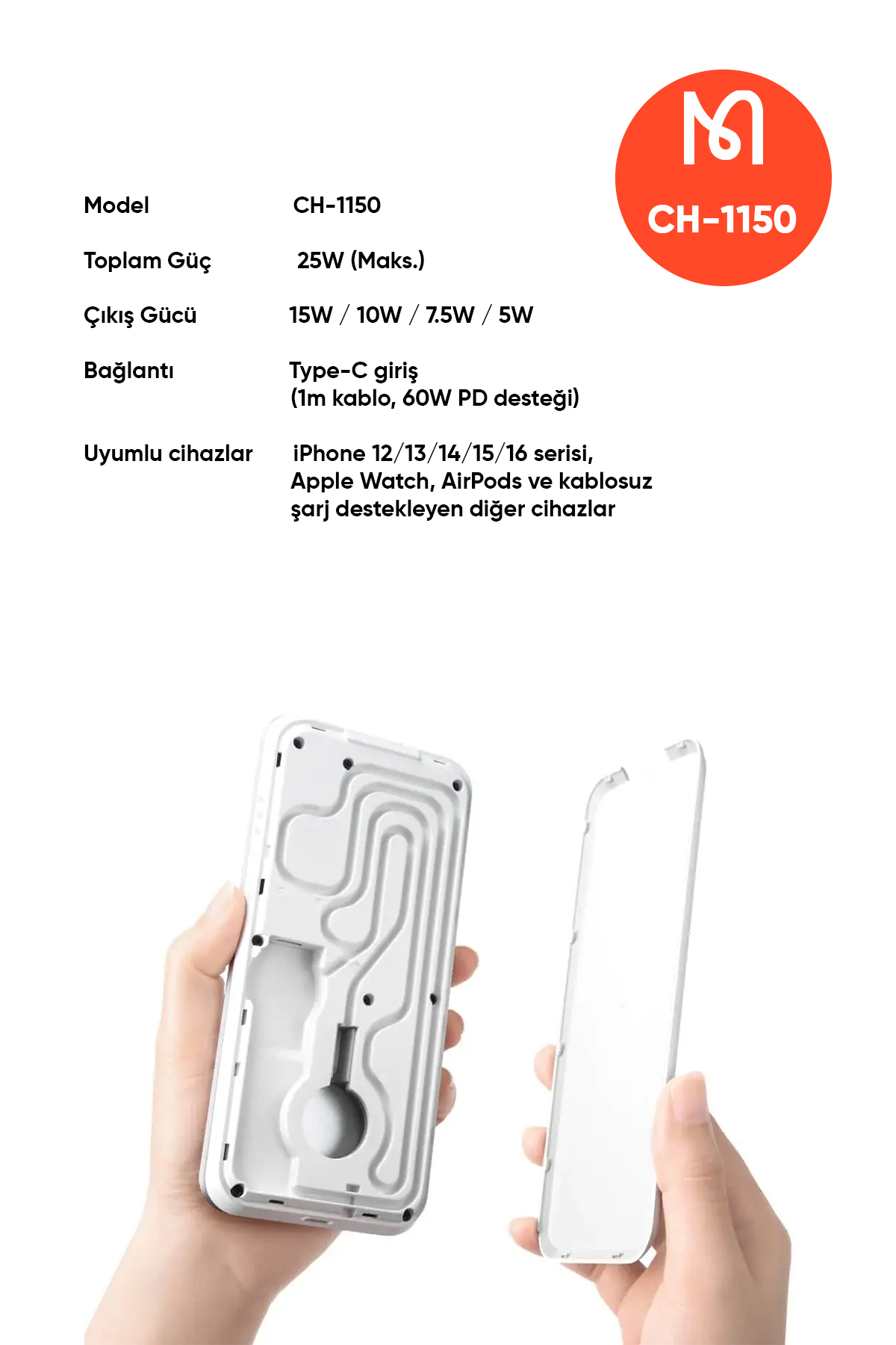 CH-1150 15W 3in1 Katlanabilir Manyetik Kablosuz Şarj Cihazı ve Standı - Beyaz Afişi