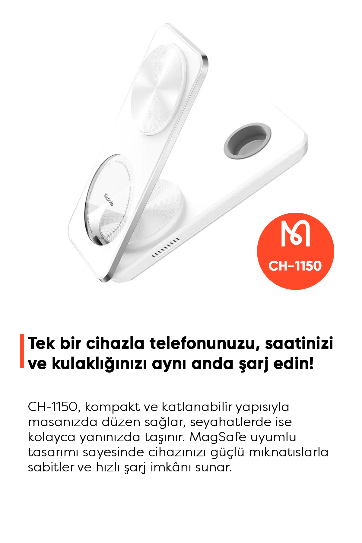 CH-1150 15W 3in1 Katlanabilir Manyetik Kablosuz Şarj Cihazı ve Standı - Beyaz Afişi