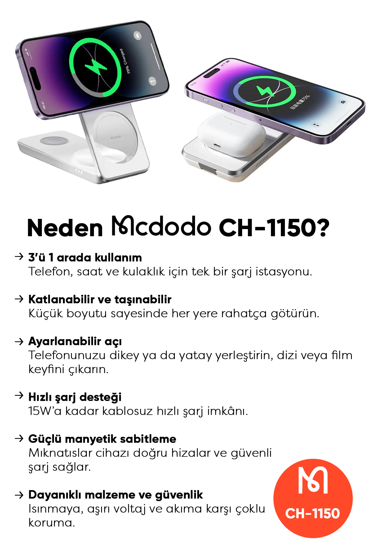 CH-1150 15W 3in1 Katlanabilir Manyetik Kablosuz Şarj Cihazı ve Standı - Beyaz Afişi