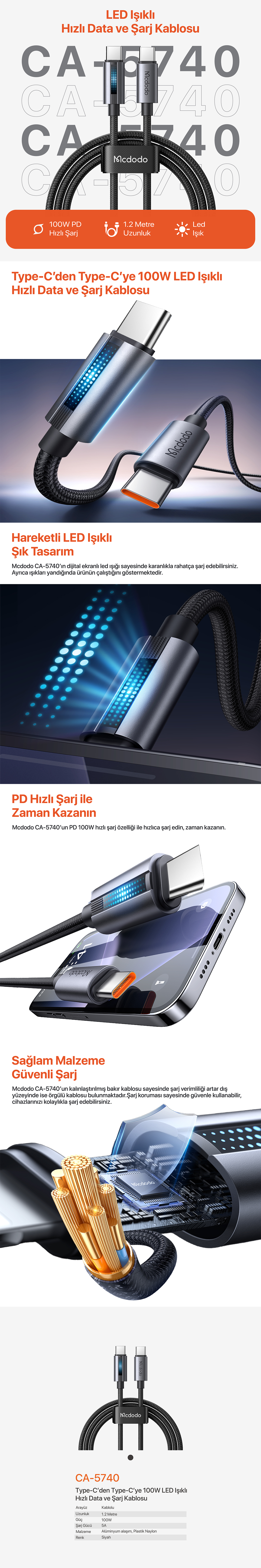 MCDODO CA-5740 PD 100 W USB-C TO USB-C HIZLI ŞARJ KABLOSU 1.2M - SİYAH Afişi