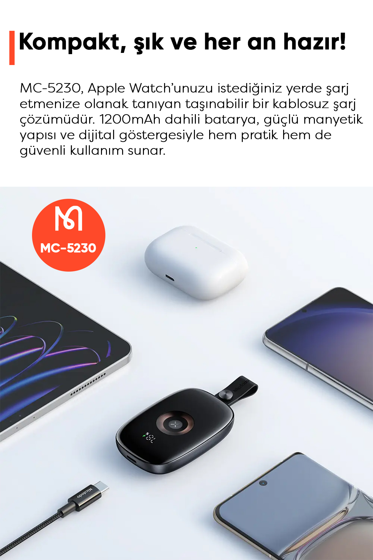 MC-5230 1200 Mah 2.5 W Apple Watch İçin Taşınabilir Dijital Manyetik Kablosuz Şarj Aleti Afişi