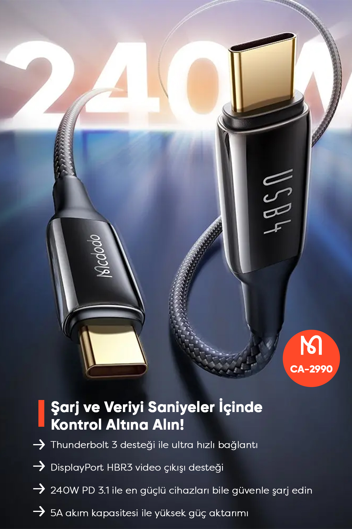 CA-2990 240 W USB 4.0  TYPE C TO TYPE C ŞARJ KABLOSU -SİYAH Afişi