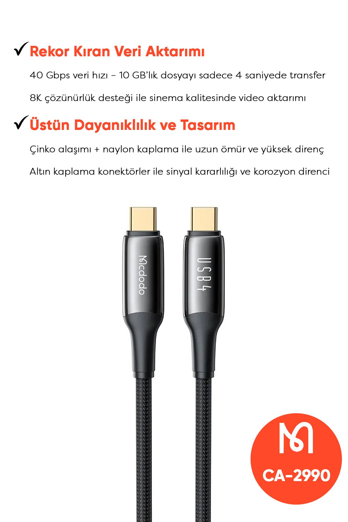 CA-2990 240 W USB 4.0  TYPE C TO TYPE C ŞARJ KABLOSU -SİYAH Afişi