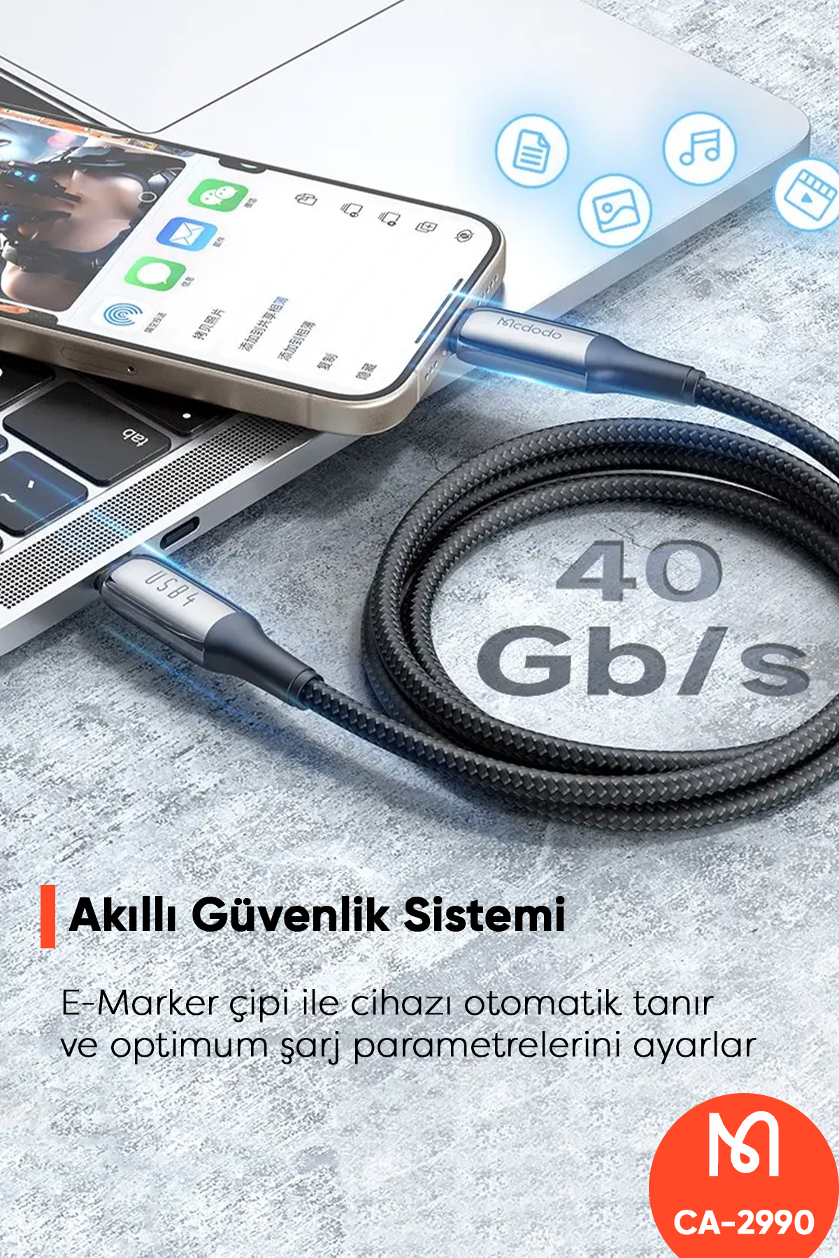 CA-2990 240 W USB 4.0  TYPE C TO TYPE C ŞARJ KABLOSU -SİYAH Afişi