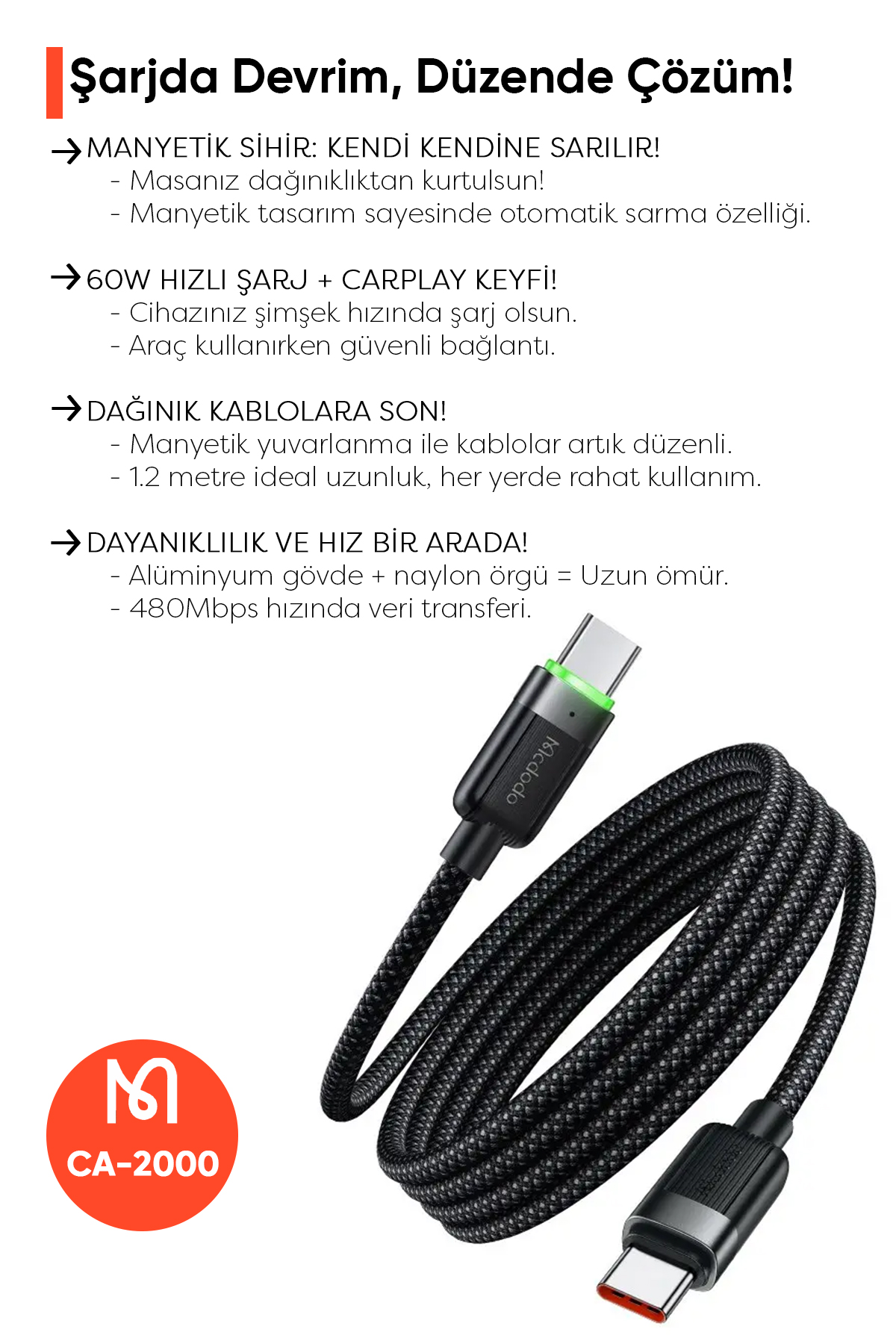 CA-2000 60W USB-C  TO USB-C MANYETİK SARILABİLİR KABLO - 1.2 M SİYAH Afişi