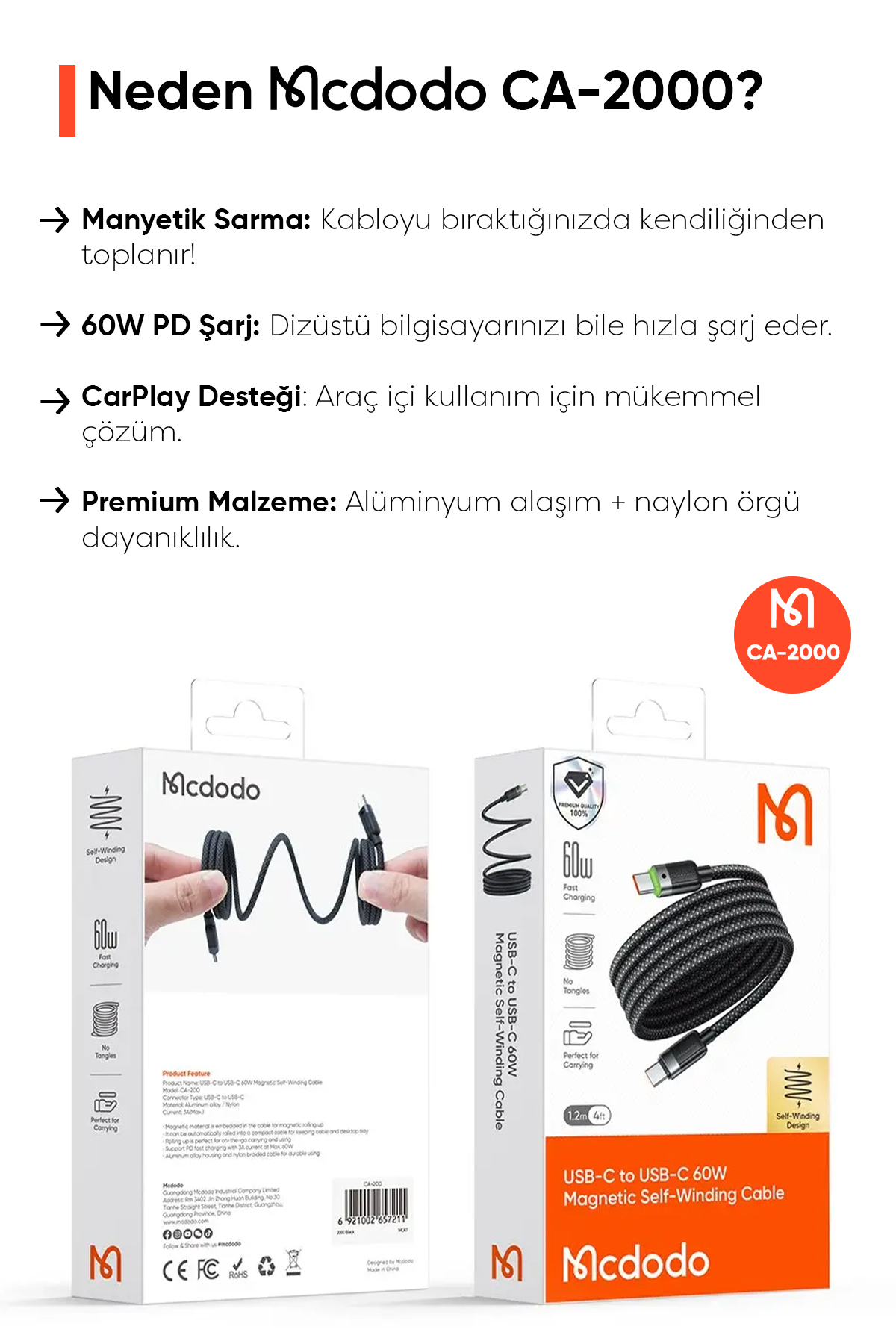 CA-2000 60W USB-C  TO USB-C MANYETİK SARILABİLİR KABLO - 1.2 M SİYAH Afişi