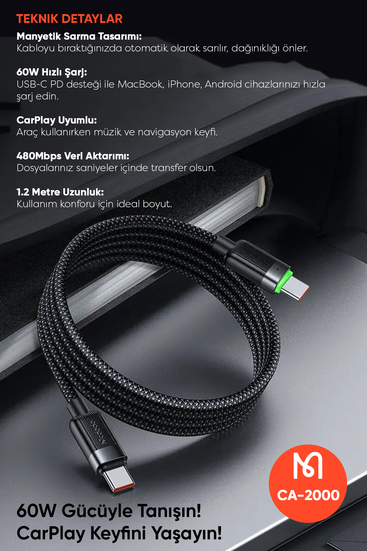 CA-2000 60W USB-C  TO USB-C MANYETİK SARILABİLİR KABLO - 1.2 M SİYAH Afişi