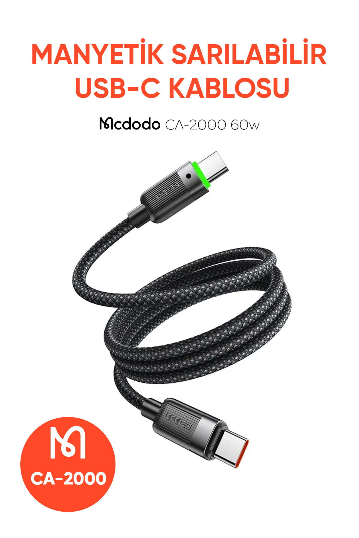 CA-2000 60W USB-C  TO USB-C MANYETİK SARILABİLİR KABLO - 1.2 M SİYAH Afişi