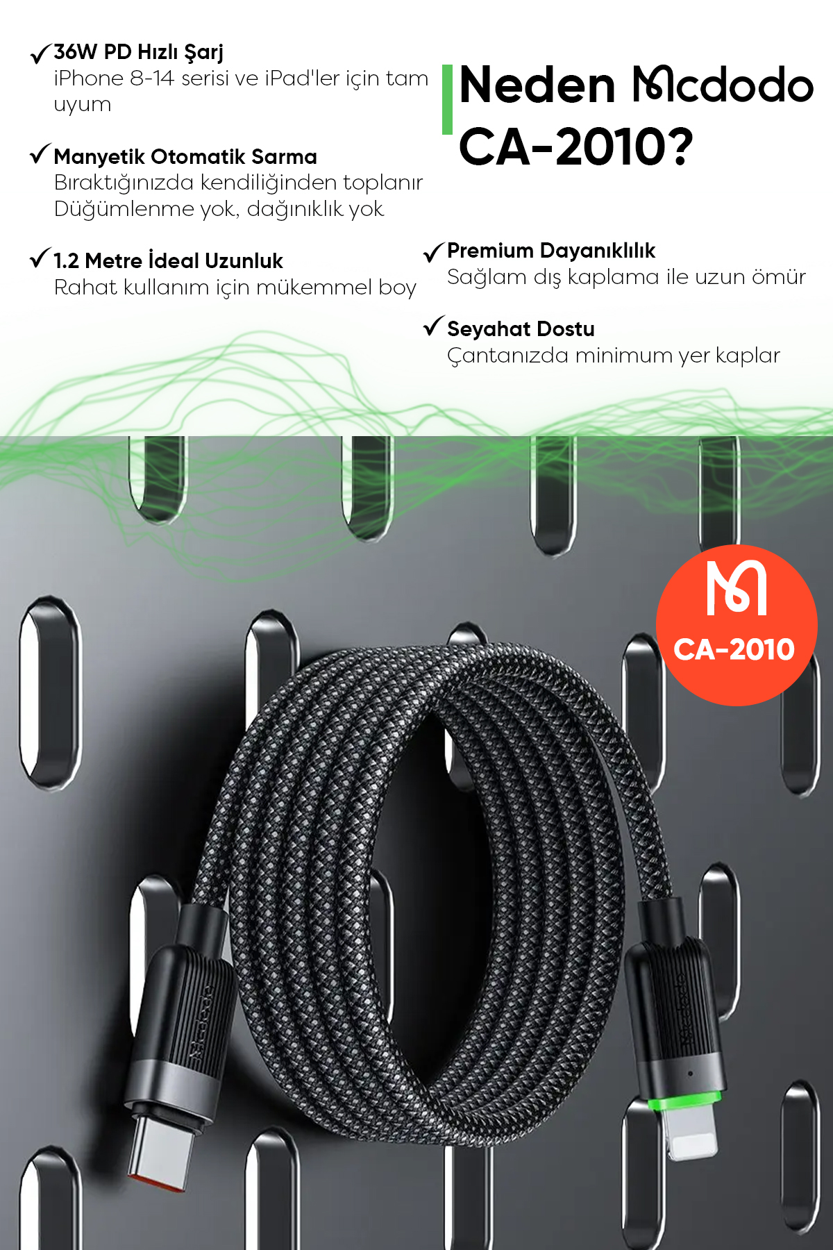 CA-2010 36W USB-C TO LIGHTNING MANYETİK SARILABİLİR KABLO - 1.2 M SİYAH Afişi