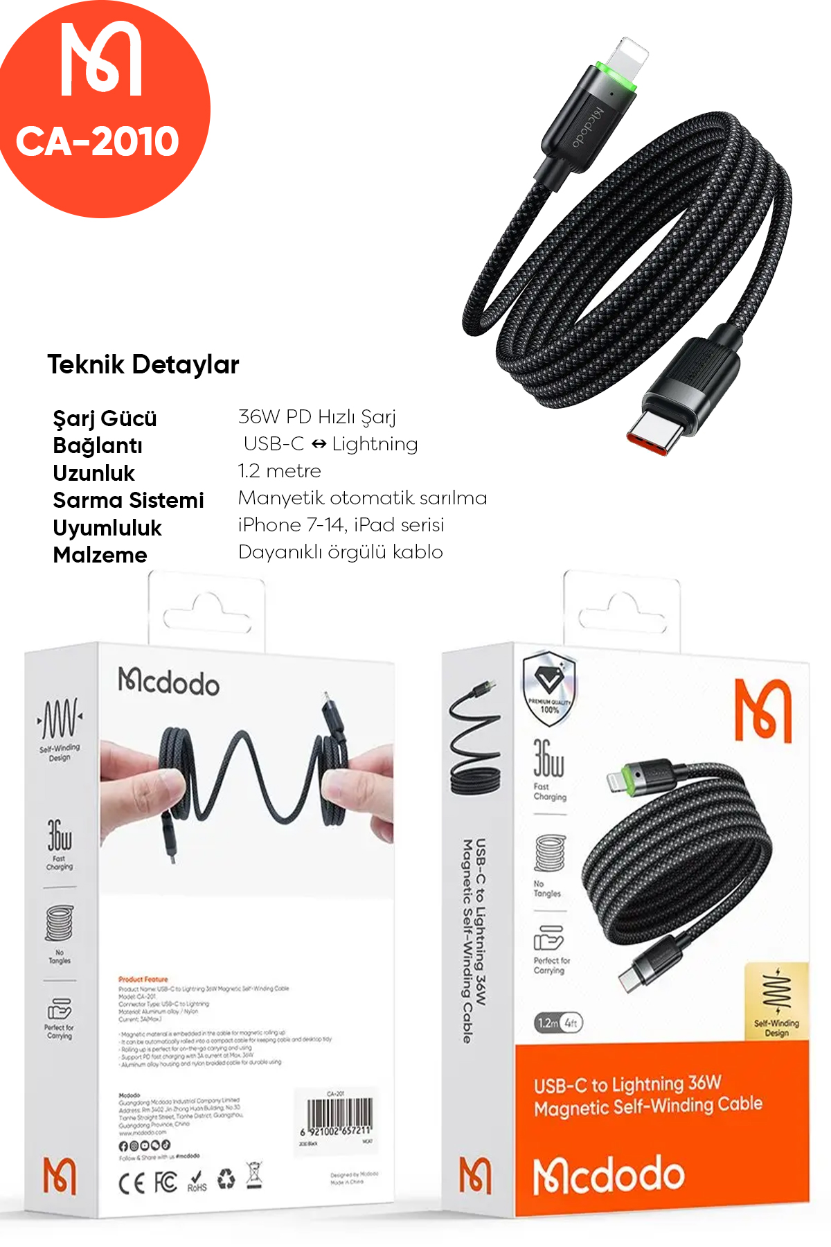 CA-2010 36W USB-C TO LIGHTNING MANYETİK SARILABİLİR KABLO - 1.2 M SİYAH Afişi
