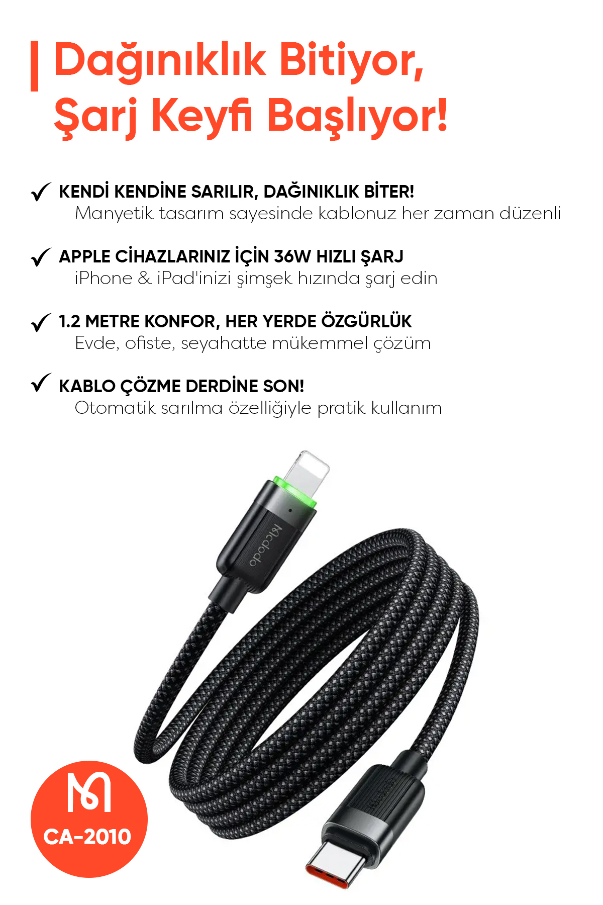CA-2010 36W USB-C TO LIGHTNING MANYETİK SARILABİLİR KABLO - 1.2 M SİYAH Afişi