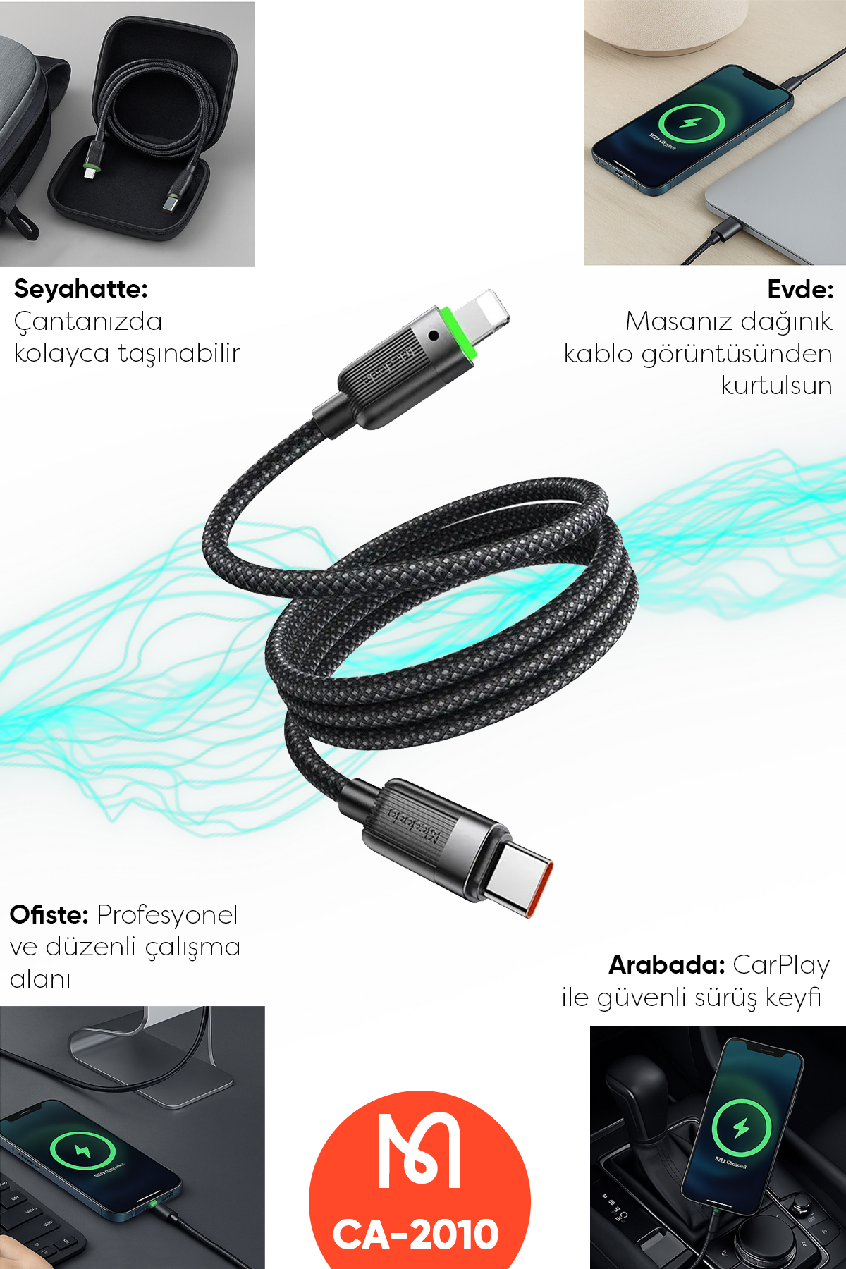 CA-2010 36W USB-C TO LIGHTNING MANYETİK SARILABİLİR KABLO - 1.2 M SİYAH Afişi