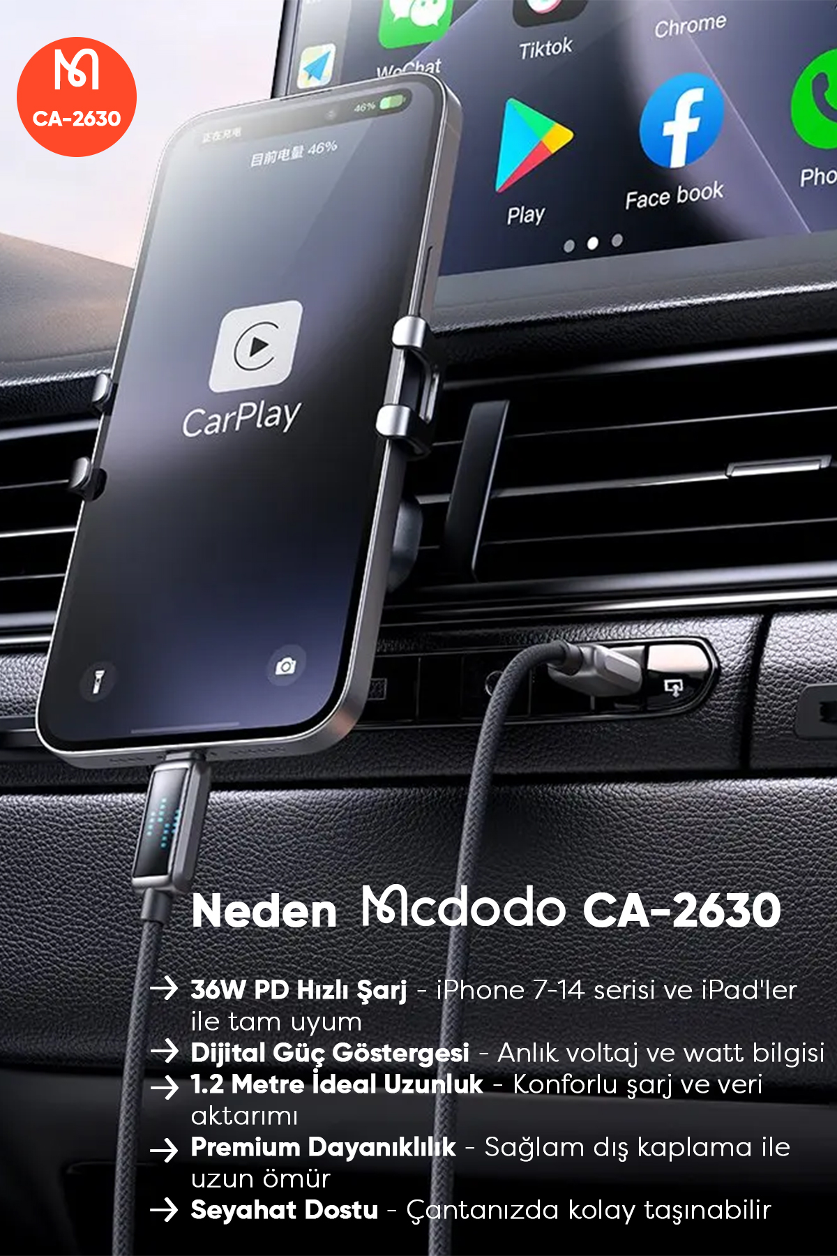 CA-2630 36W USB-C TO LIGHTNİNG ŞARJ HIZ GÖSTERGELİ ŞARJ VE DATA KABLOSU- 1.2 M SİYAH Afişi