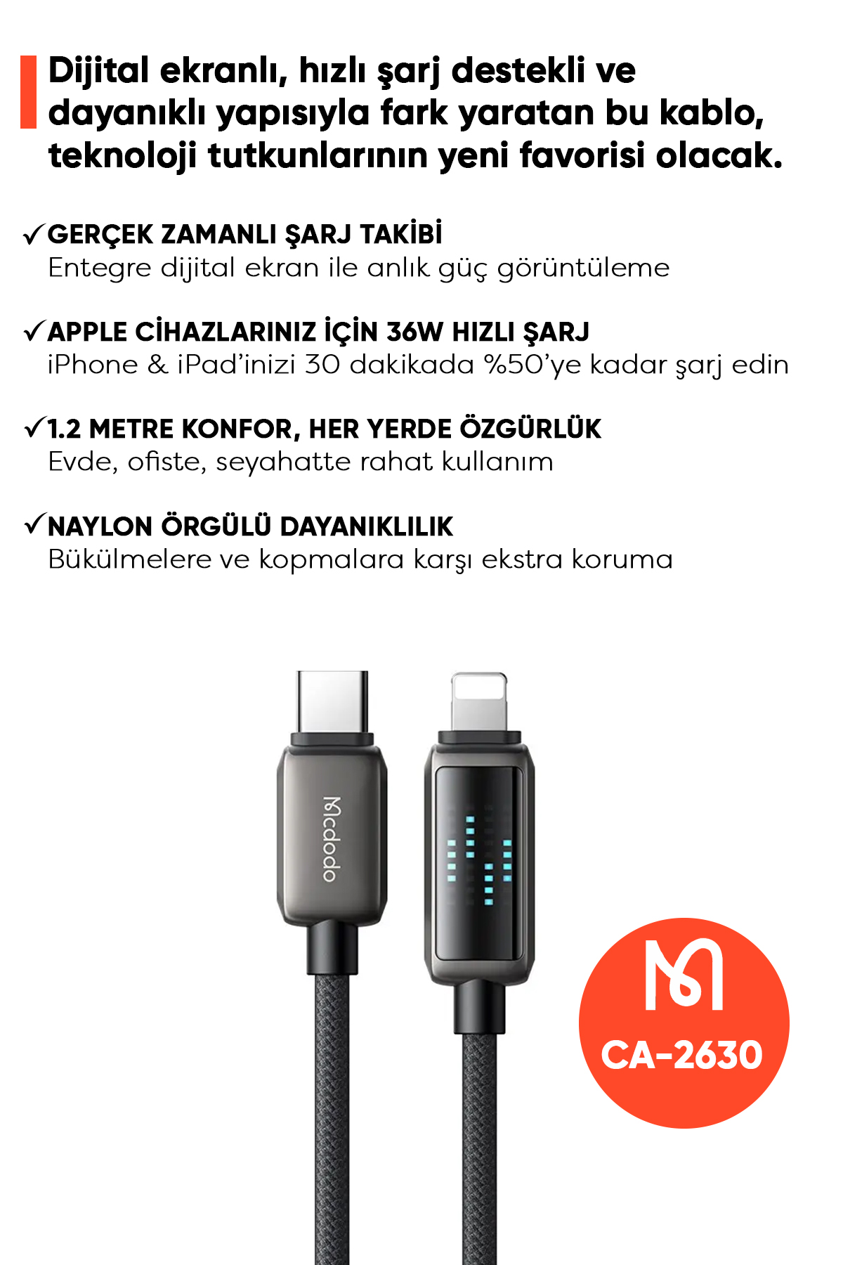 CA-2630 36W USB-C TO LIGHTNİNG ŞARJ HIZ GÖSTERGELİ ŞARJ VE DATA KABLOSU- 1.2 M SİYAH Afişi