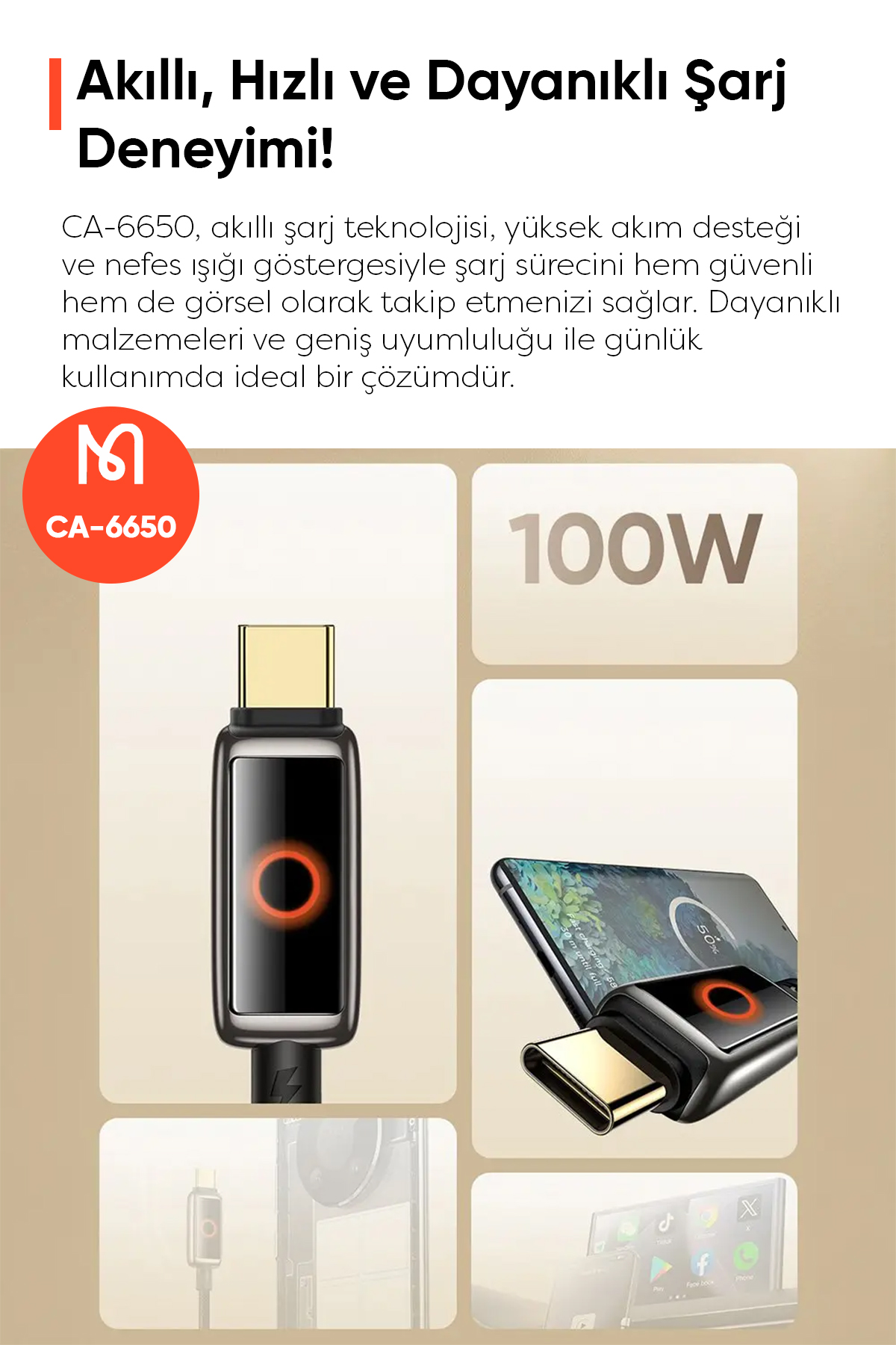 CA-6650 100W USB-A TO TYPE-C IŞIK GÖSTERGELİ PREMİUM 1.2M KABLO Afişi