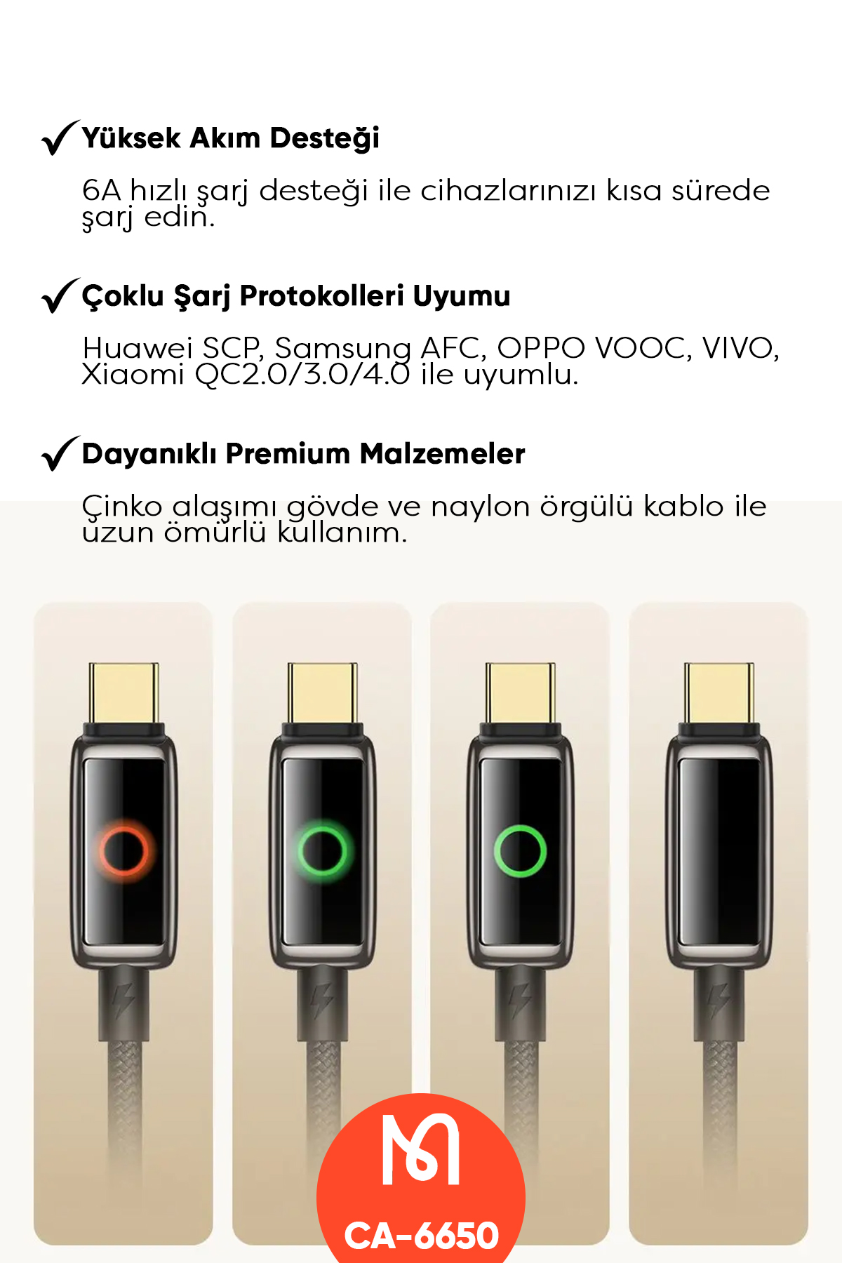 CA-6650 100W USB-A TO TYPE-C IŞIK GÖSTERGELİ PREMİUM 1.2M KABLO Afişi
