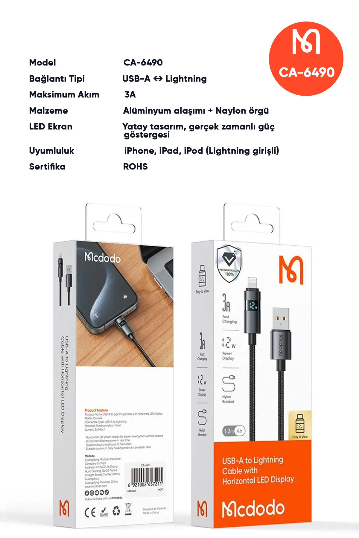 CA-6490 USB-A - YATAY LED EKRANLI AYDINLATMA KABLOSU SİYAH 1.2M Afişi